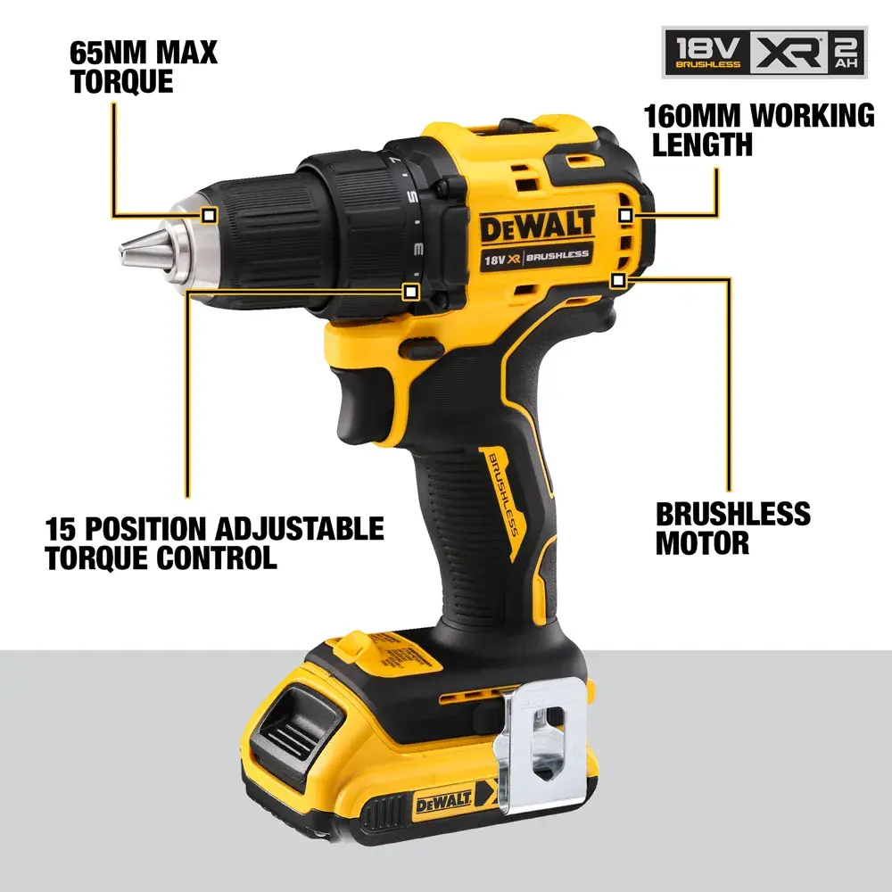 DEWALT cordless drill with brushless motor, 65Nm max torque, 15 torque positions, and 160mm working length.