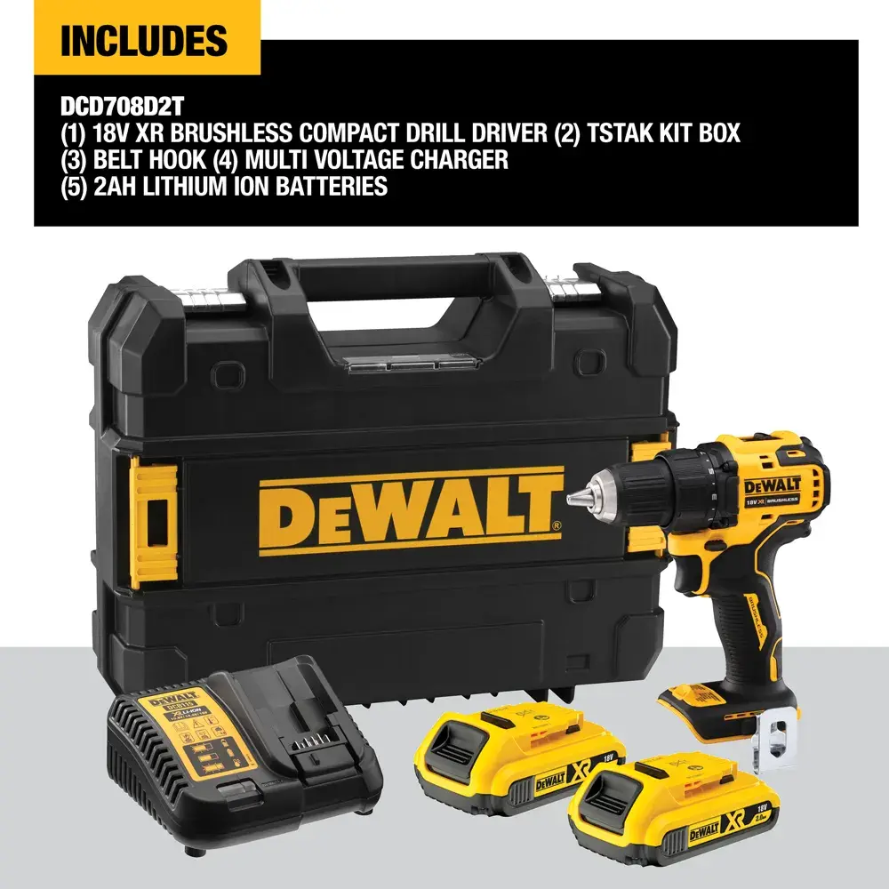 DEWALT drill driver kit with case, charger, two batteries, and belt hook. Model DCD708D2T shown.