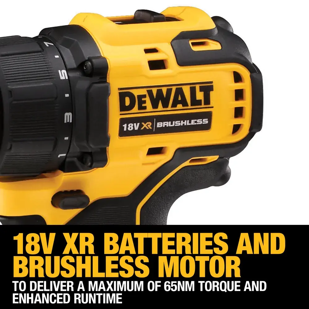 DEWALT drill with 18V XR batteries and brushless motor, offers up to 65Nm torque and enhanced runtime.