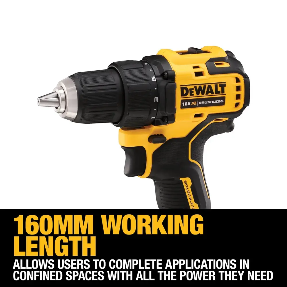 DEWALT DCD708D2T cordless drill, 160mm working length. Compact for power in tight spaces.