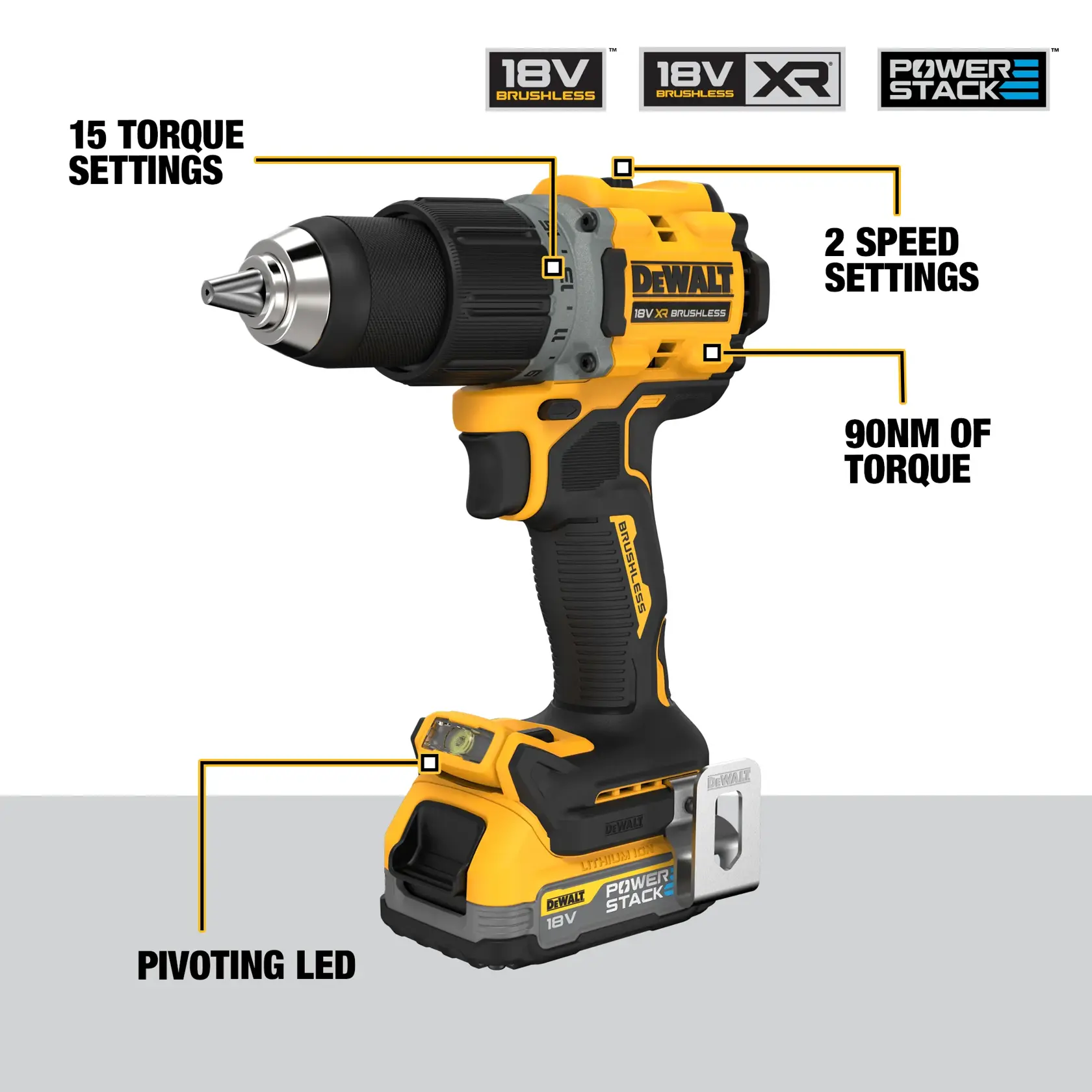 Taladro inalámbrico DEWALT DCD800E2T 18V brushless con 15 ajustes de par, 2 ajustes de velocidad, un par máximo de 90Nm y una luz LED pivotante. El taladro muestra también los logotipos Powerstack, XR y 18V.