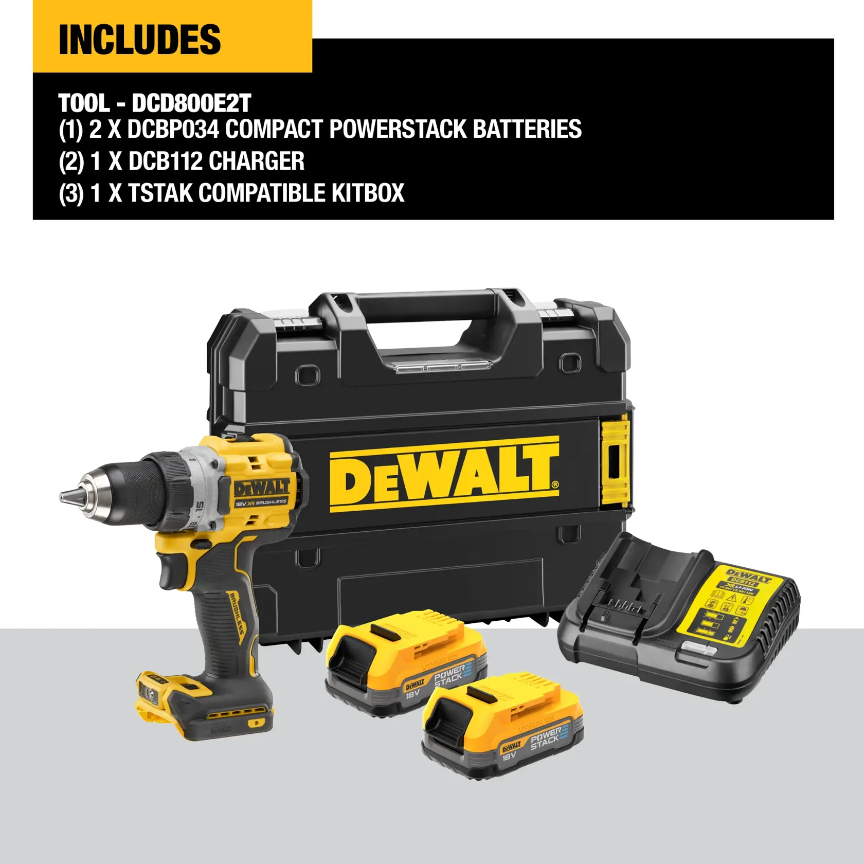 Set de taladro inalámbrico DEWALT DCD800E2T que incluye el taladro, dos baterías Powerstack de 18V, un cargador multi-voltaje y un maletín negro TSTAK, sobre fondo blanco y gris.