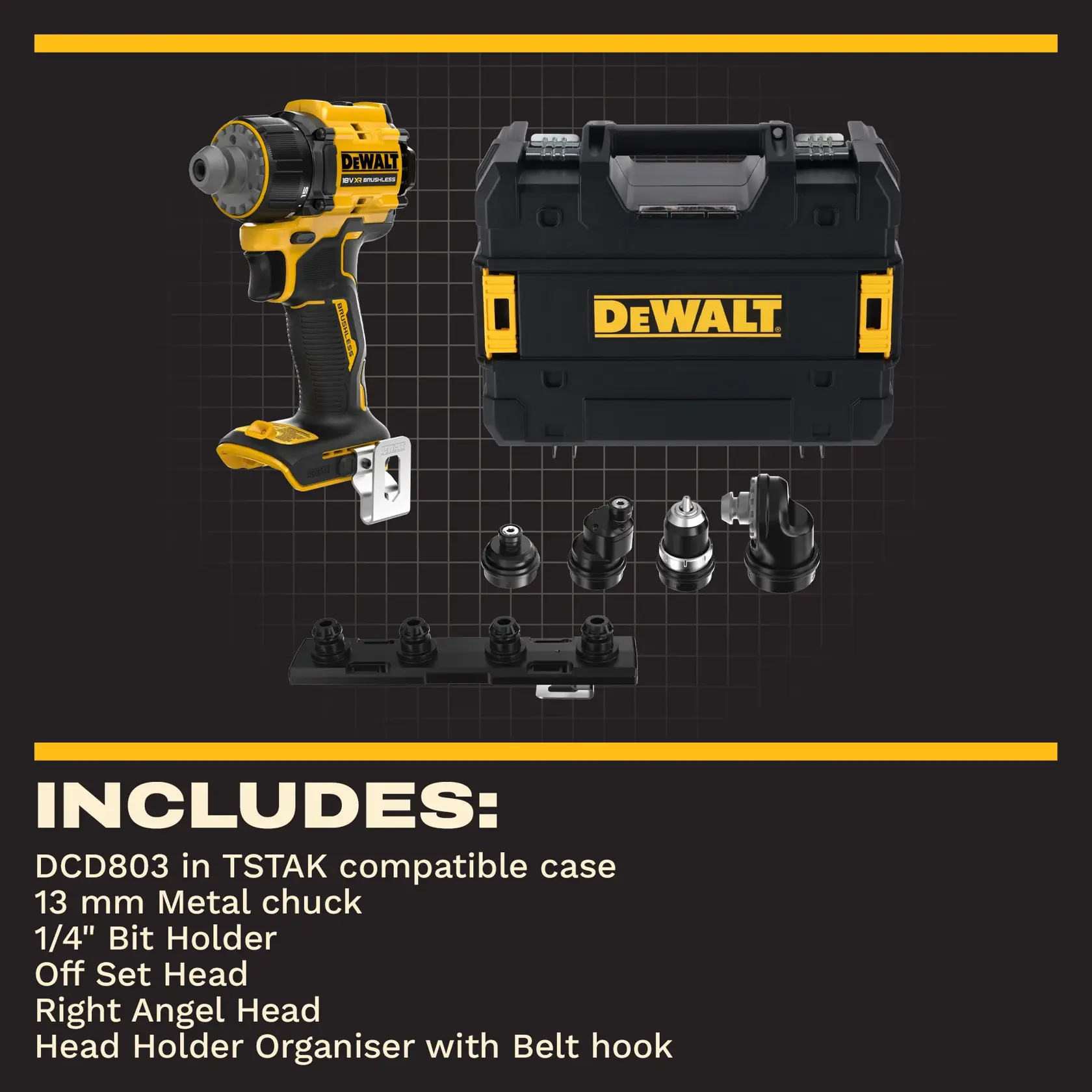 Taladro DEWALT DCD803NT-XJ, DCD803NT usándose en gabinete. Categoría fotografía. Mano con guante visible.