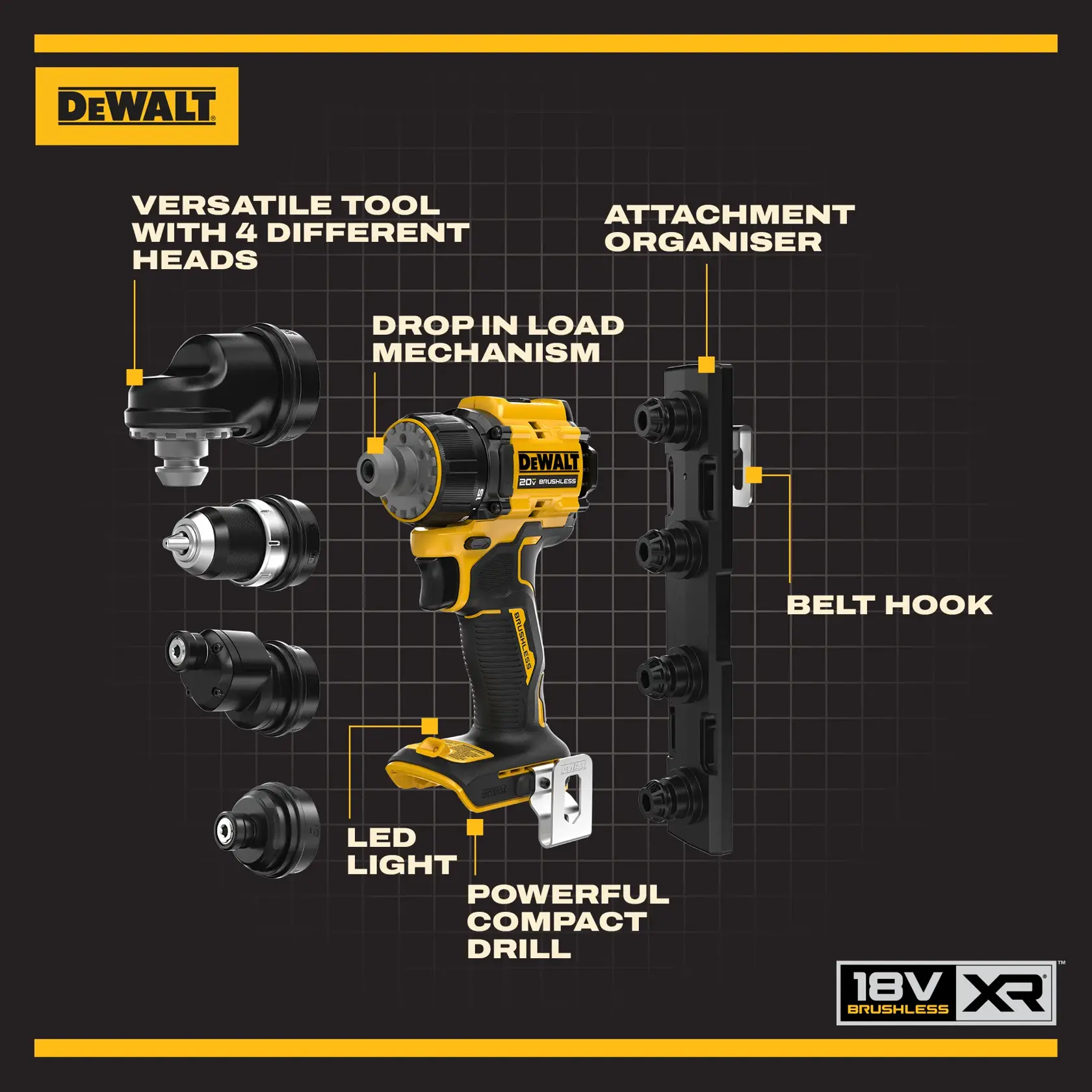 DEWALT 18V XR compact drill kit with 4 interchangeable heads, LED light, belt hook, and attachment organizer.