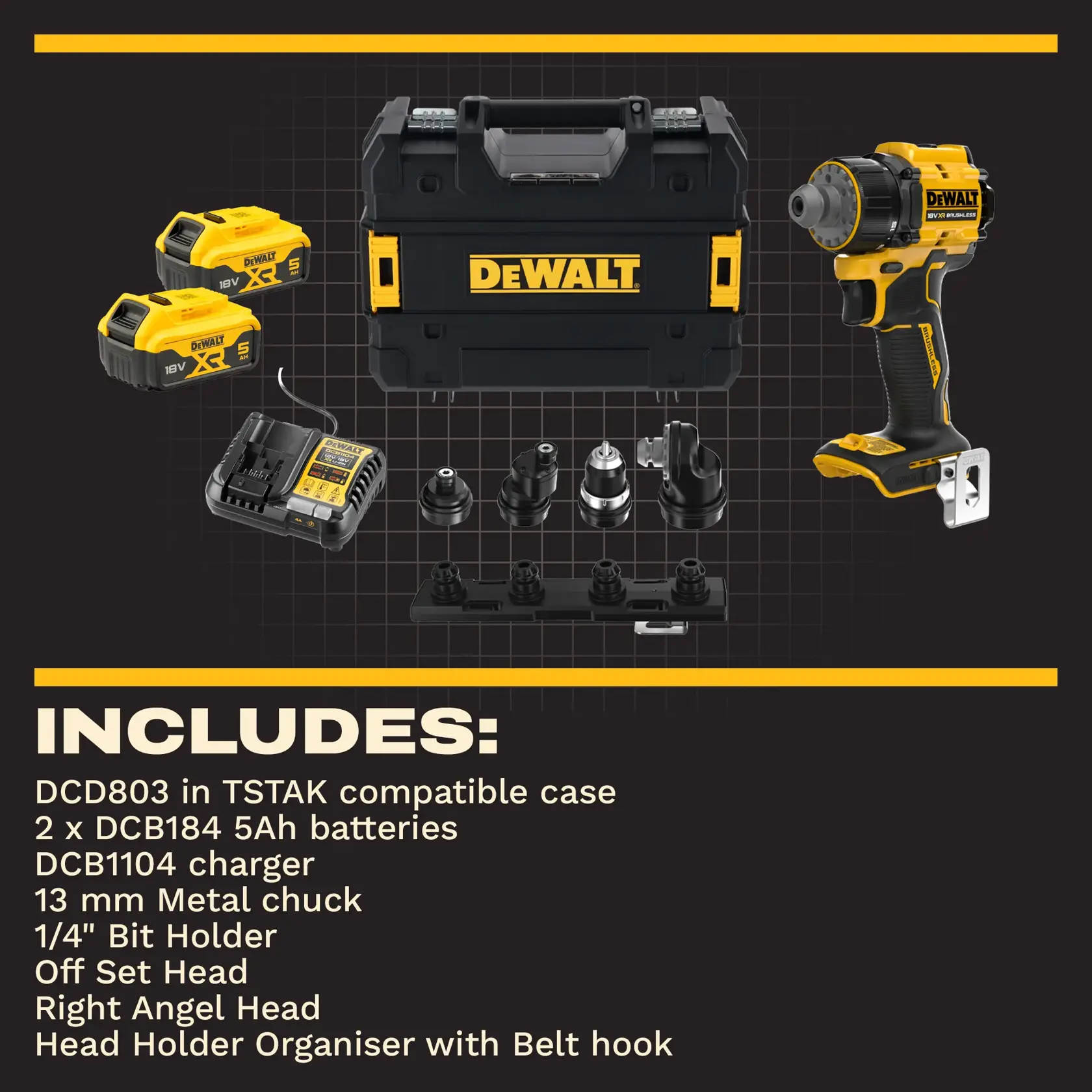 DEWALT DCD803P2T kit with drill, case, charger, two batteries, bit holders, and interchangeable heads.