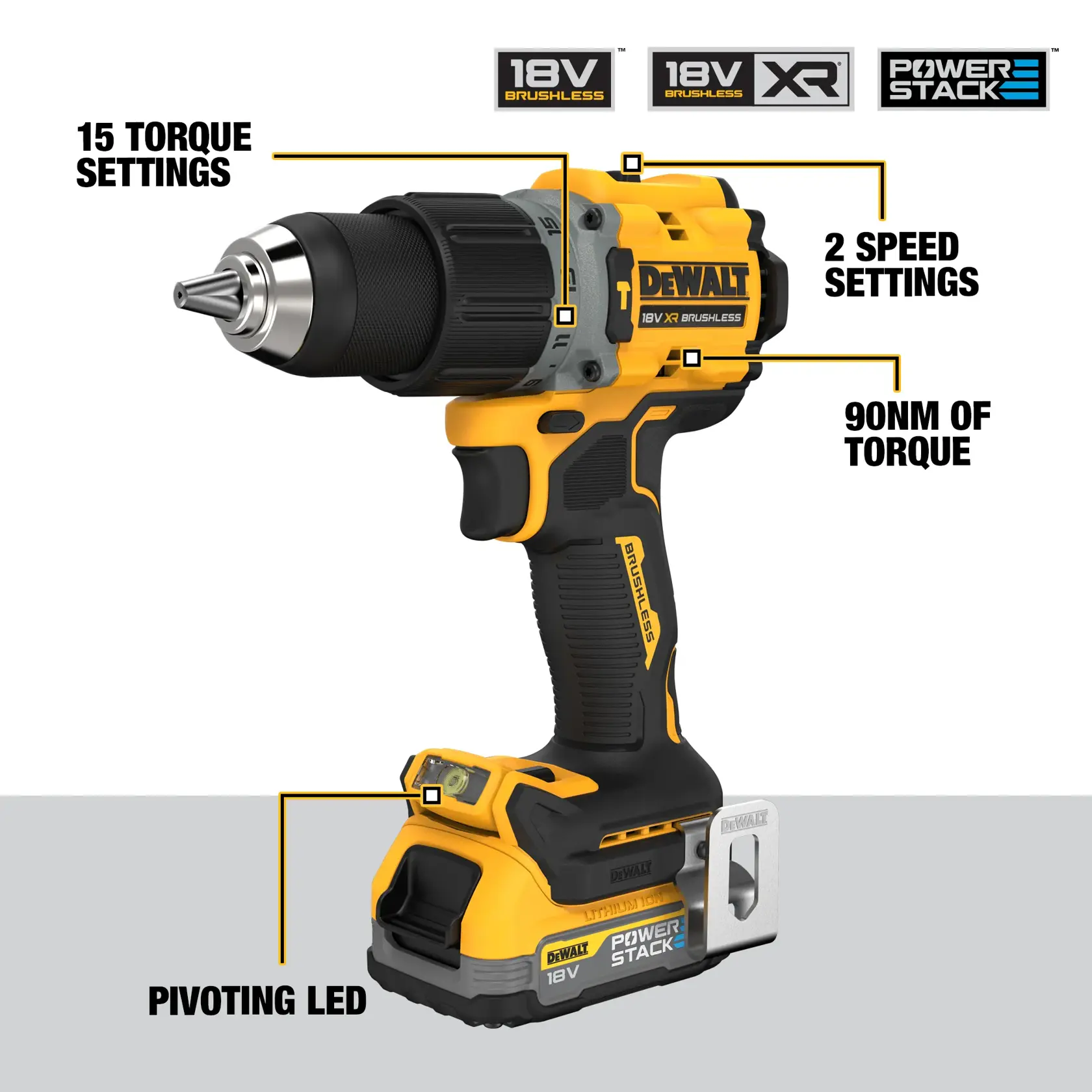 Taladro atornillador inalámbrico DEWALT 18V XR Brushless con batería POWERSTACK, de color amarillo y negro. La imagen resalta sus principales características: 15 ajustes de par, 2 ajustes de velocidad, par máximo de 90 Nm y luz LED pivotante.