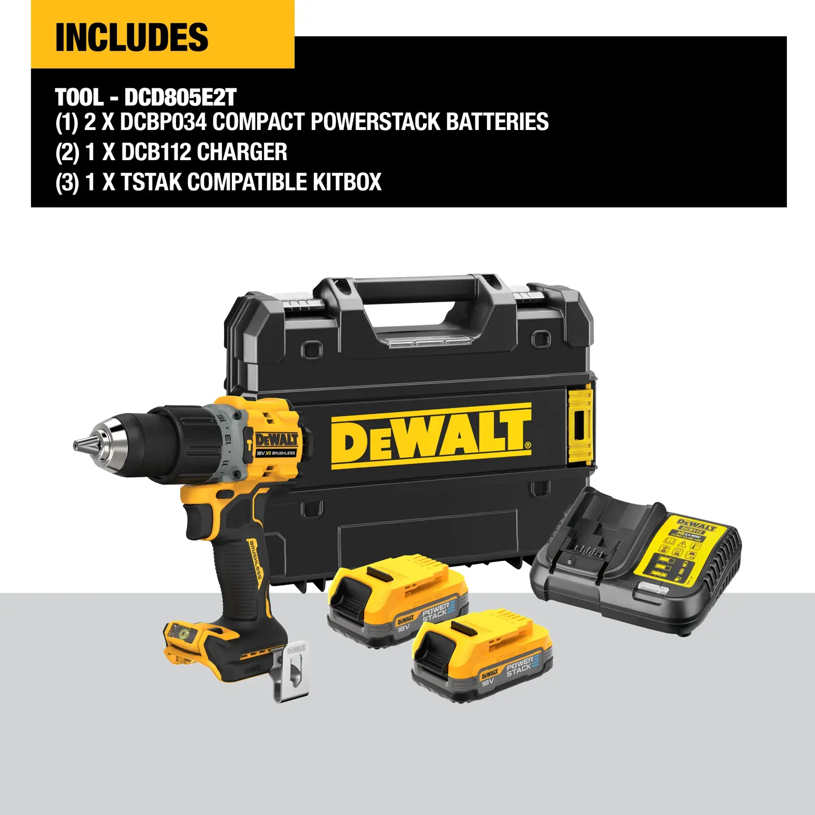 Kit DEWALT DCD805E2T que incluye un taladro inalámbrico, dos baterías Powerstack, un cargador multi-voltaje y un maletín TSTAK. Todos los artículos se muestran juntos con el logotipo DEWALT destacado.
