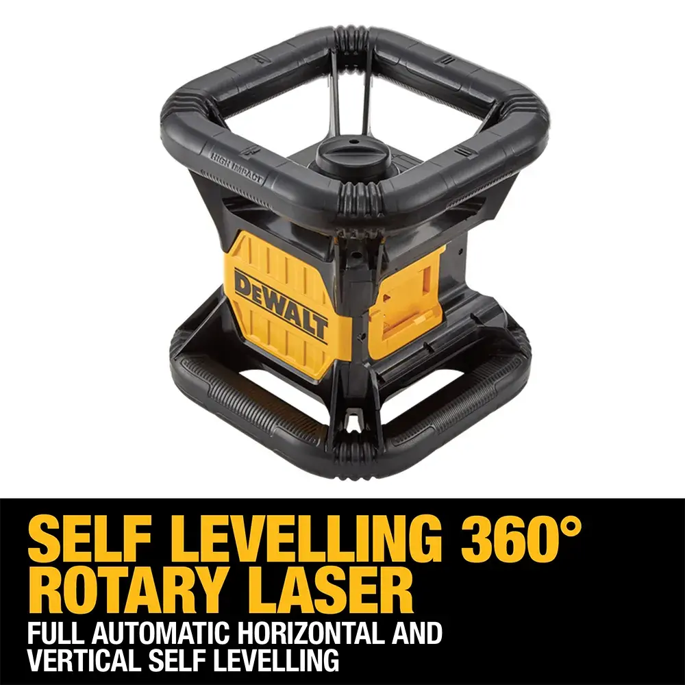 Ein DEWALT-Fotografie-Produktset mit gelb-schwarzem Stativ, großem schwarzem Transportkoffer, Messstab, Laser-Niveau, Akku-Ladegerät, Detektor, roten Schutzbrillen und verschiedenen Zubehörteilen, auf weißem Hintergrund angeordnet.