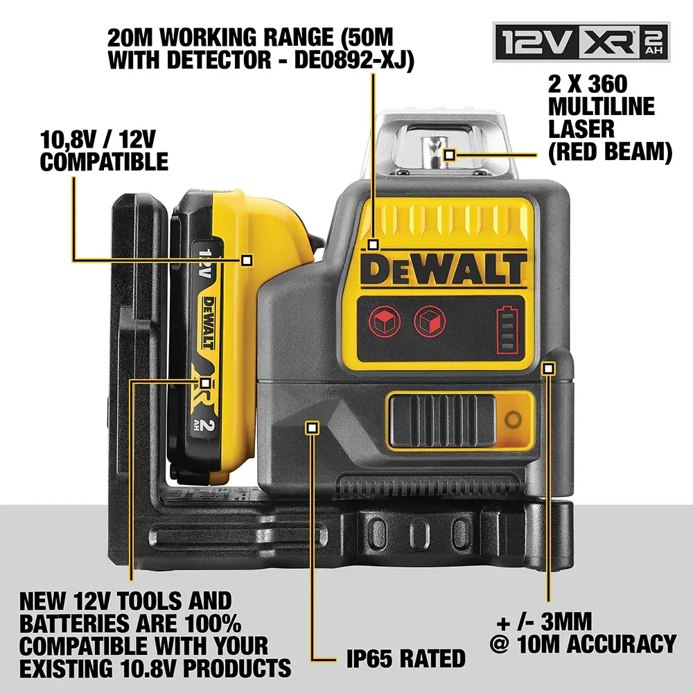 Ein DEWALT-Lasernivelliergerät steht auf einem Stativ im Vordergrund einer industriellen Baustelle. Im Hintergrund steht ein Arbeiter mit gelbem Schutzhelm und Warnweste auf einem Gerüst und markiert eine Metalldecke entlang der sichtbaren roten Laserlinie des Geräts. Der Bereich zeigt Metallträger, Treppen und verstreute Baumaterialien.