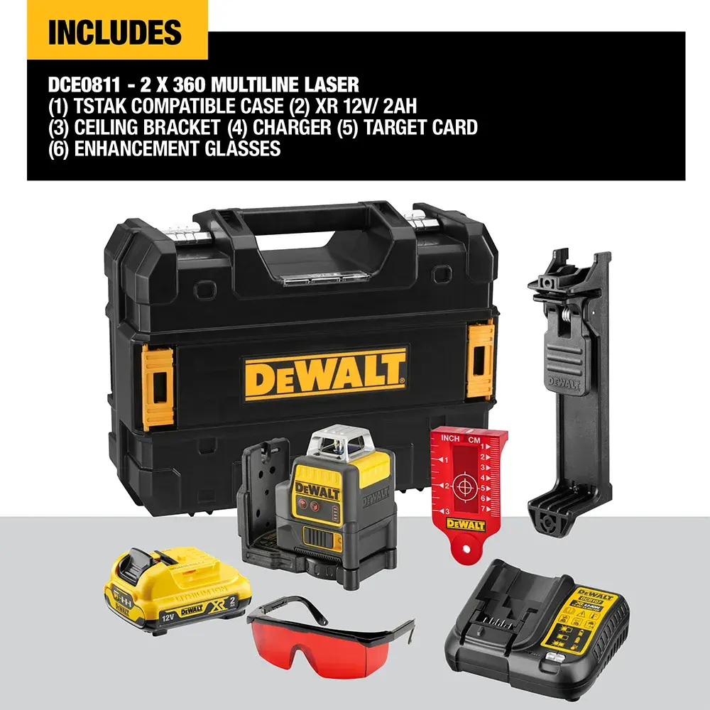 DEWALT photography product kit including a sturdy black and yellow carrying case, a laser level device, a battery, a charger, a red measuring target, a mounting bracket, and safety glasses with red lenses.