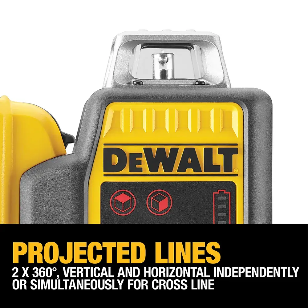 DEWALT DCE0811D1R 12V cordless laser level with yellow and black design, battery attached, for precise measurement.