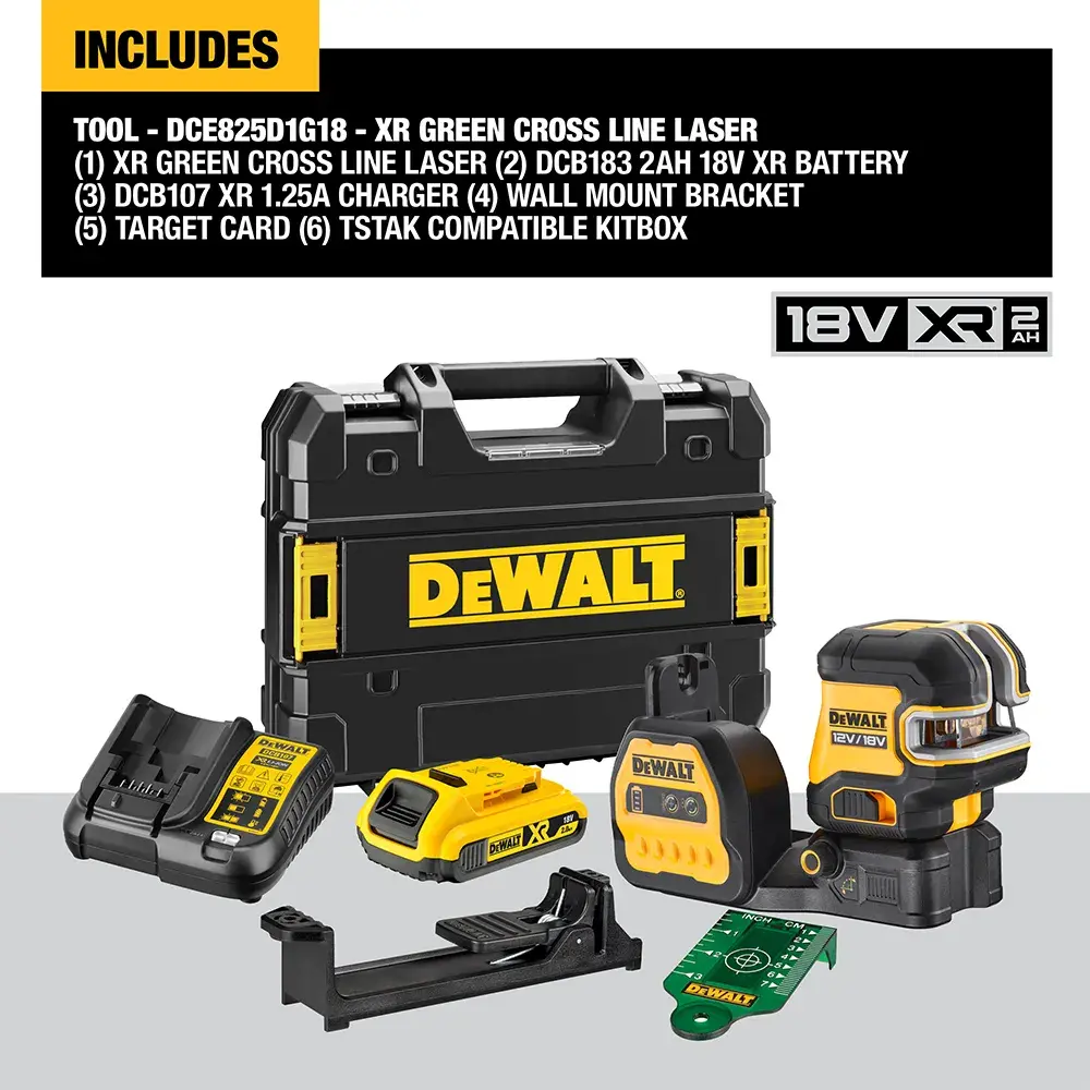 DEWALT Laserlevel zeigt grüne Linien an Wand, Arbeiter markiert und trägt Handschuhe und Helm auf Baustelle.