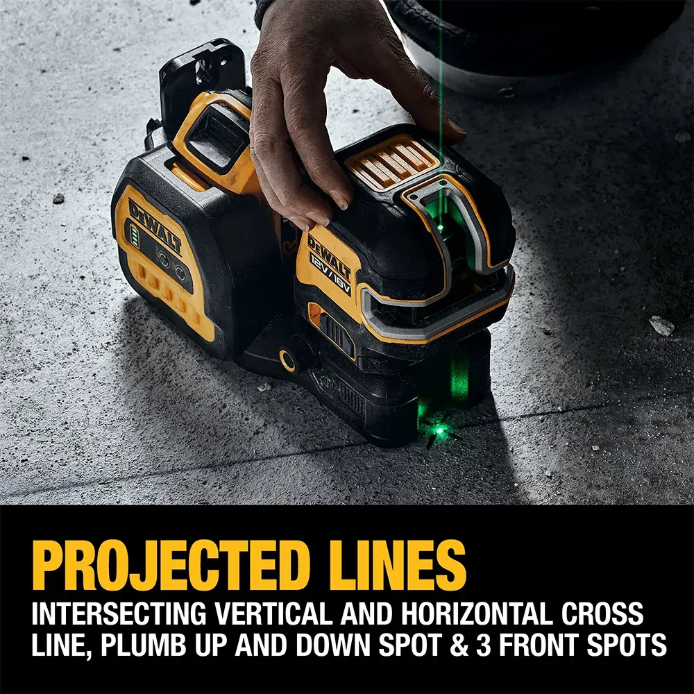 DEWALT Laser und Akku auf dem Boden; Arbeiter nutzt Werkzeug auf Baustelle.