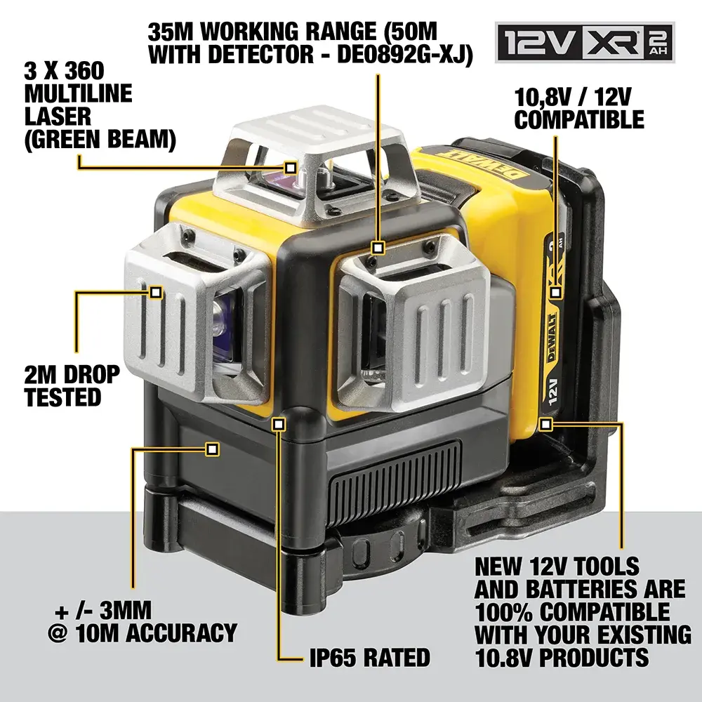 Nivel láser DEWALT sobre trípode proyecta líneas verdes; trabajador usa escalera en zona de construcción.