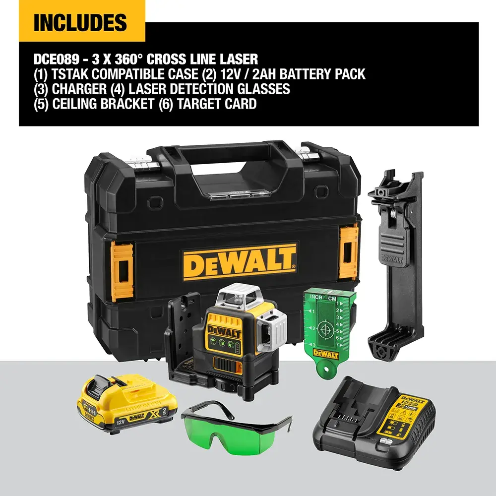 DEWALT 12V grünes Kreuzlinien-Laser-Kit bestehend aus Transportkoffer, Akku, Laservorrichtung, Ladegerät, Montagehalterung, grüner Zielplatte und grüner Schutzbrille.