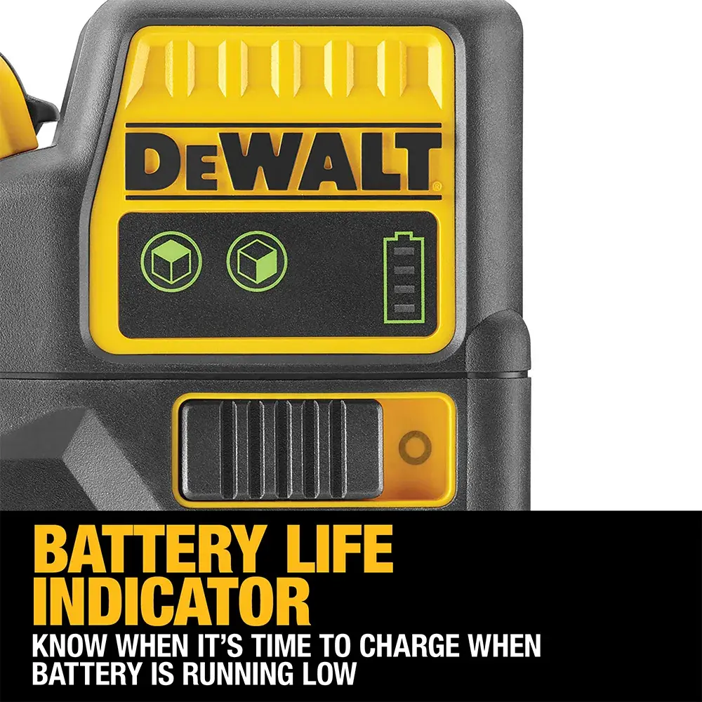DEWALT DCE089D1G 12V grüner Laser-Nivellierer mit drei Fenstern, robuste gelb-schwarze Hülle, Akku.