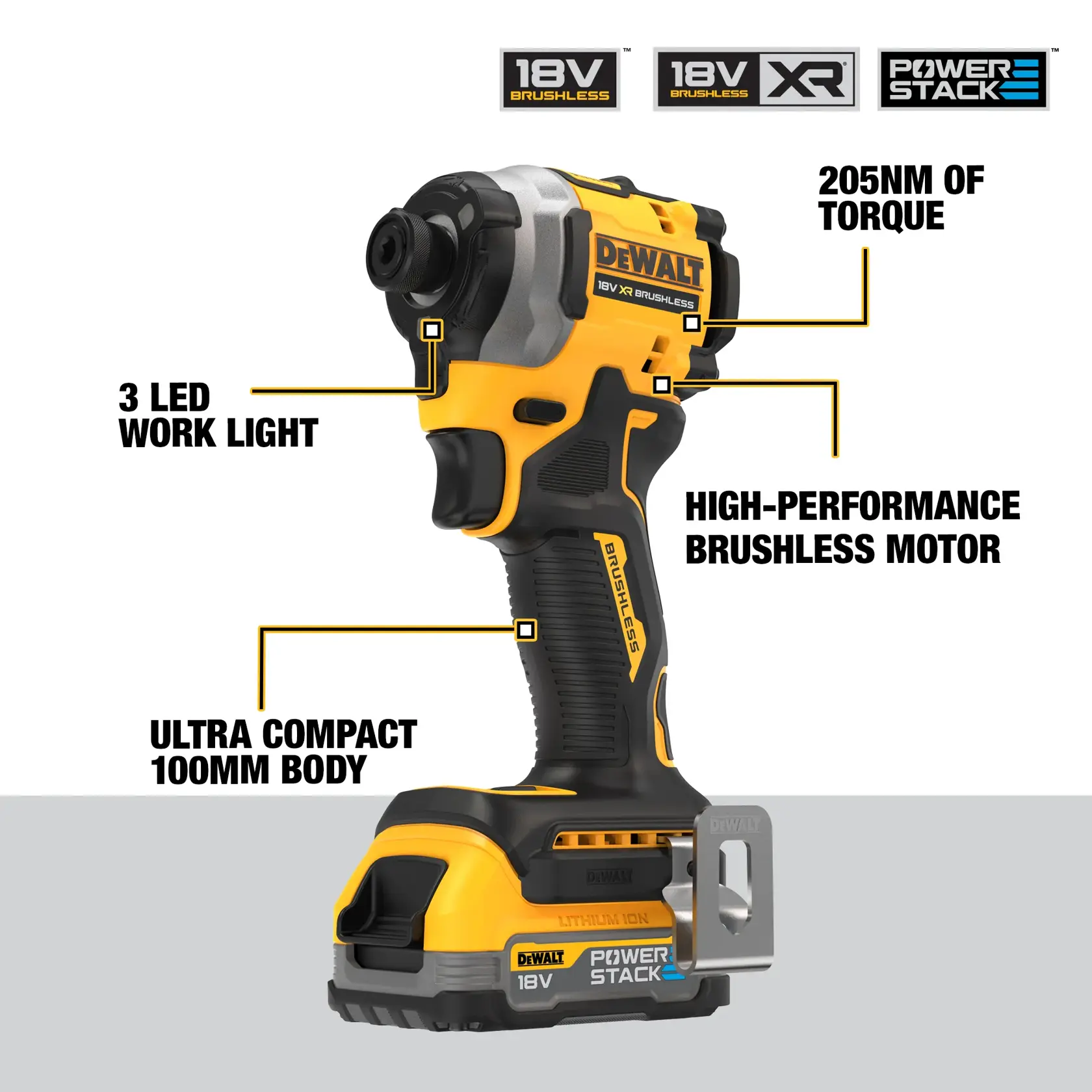 Se muestra un atornillador de impacto DEWALT DCF850E2T 18V XR Brushless, con especificaciones destacadas en español. Las características incluyen: par máximo de 205 Nm, motor sin escobillas de alto rendimiento, cuerpo ultracompacto de 100 mm y luz de trabajo de 3 LED. La batería de ion-litio POWERSTACK es visible en la base y los logotipos de la marca se ven en la parte superior.