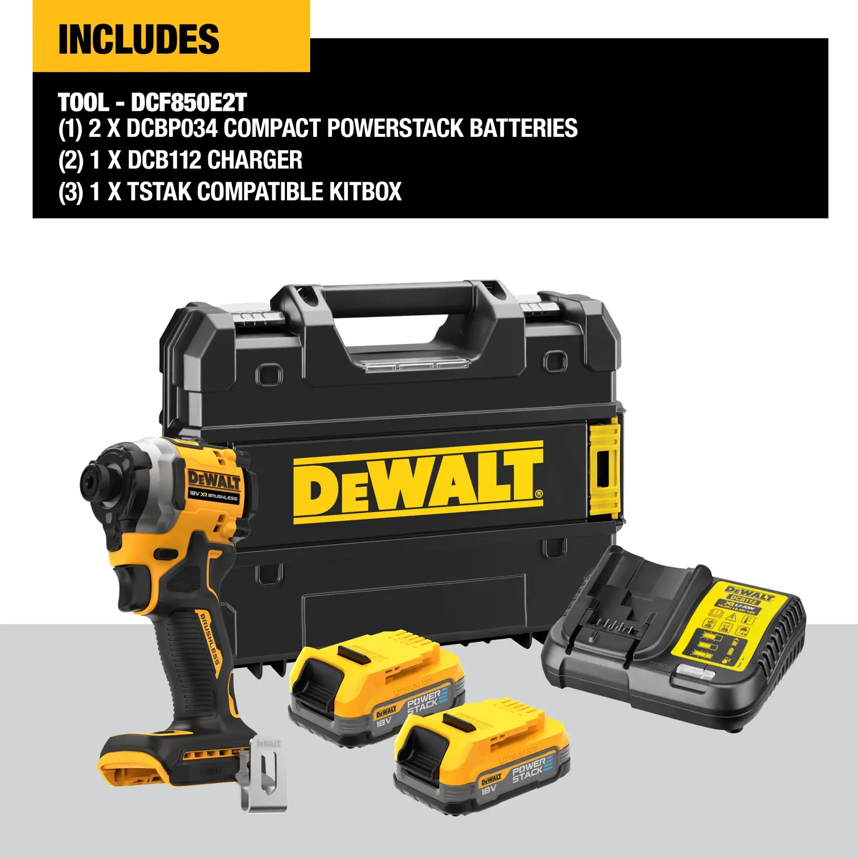 Set DEWALT DCF850E2T que incluye una herramienta de impacto, dos baterías Powerstack DCBP034, un cargador multi-voltaje y un maletín TSTAK. Todos los productos muestran la marca DEWALT en negro y amarillo.