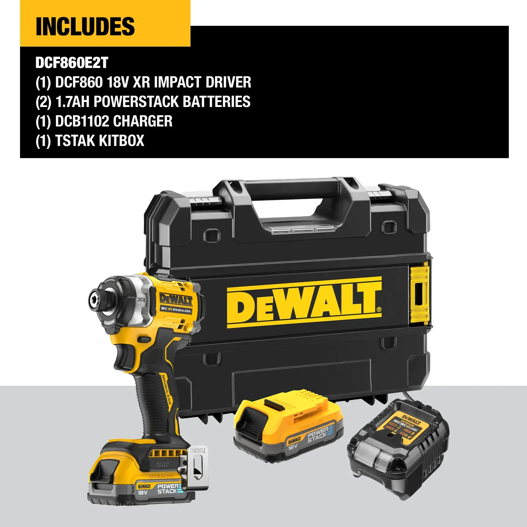 Worker uses DEWALT DCF860E2T impact driver with gloves and helmet on a wooden construction site.