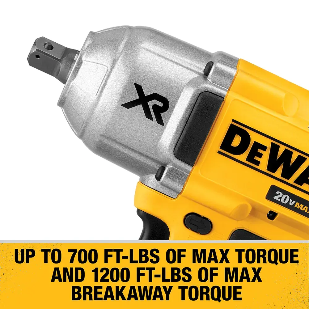 Clé à chocs Dewalt sans fil jaune avec batterie 18V, modèle DCF899P2-QW, présentée debout.