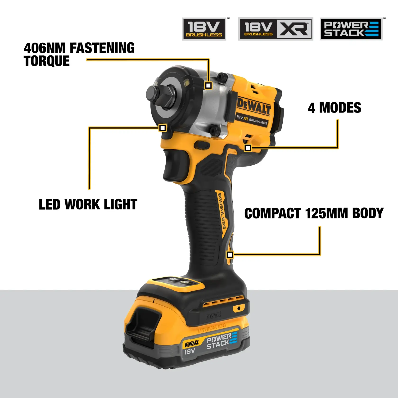 DEWALT 18V XR Brushless cordless impact wrench with Powerstack battery is shown standing upright. The image highlights key features: 406 Nm fastening torque, four operating modes, an LED work light, and a compact 125 mm body. Product branding and feature callouts appear around the tool.