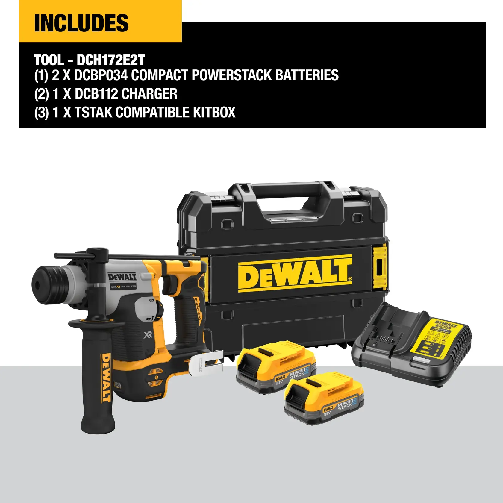 Set de martillo rotativo DEWALT DCH172E2T, que incluye la herramienta, dos baterías Powerstack, un cargador multi-voltaje y un maletín TSTAK negro y amarillo. Los artículos se muestran juntos con un gráfico informativo de producto en español arriba.