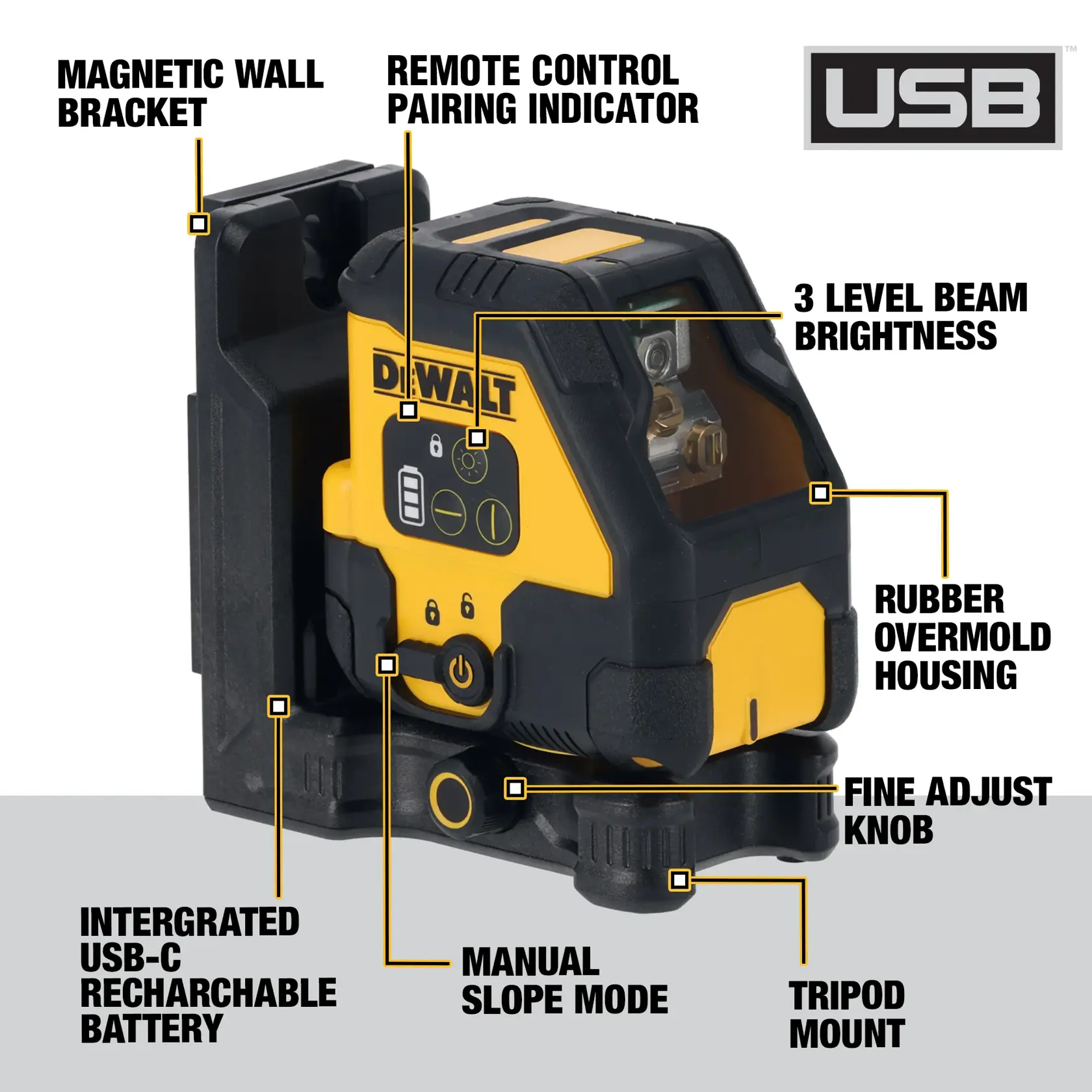 DEWALT laser level kit including a black and yellow laser level device, a sturdy carrying case with handle and DEWALT logo, a yellow USB-C charging cable, and a metal ruler.