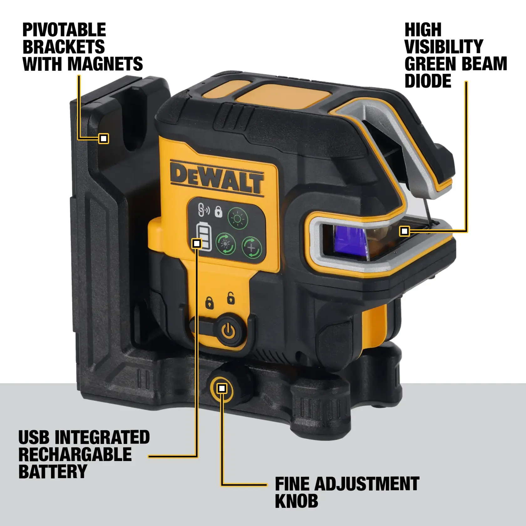 DEWALT laser level with green beam, magnetic brackets, USB battery, and fine adjustment knob.
