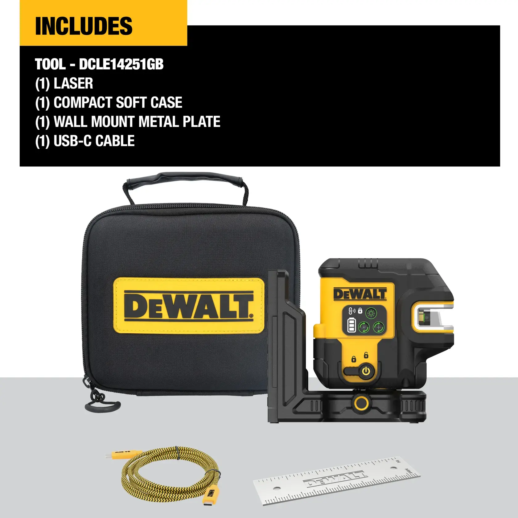 DEWALT laser tool kit with soft case, wall mount plate, USB-C cable and laser. Model DCLE14251GB shown.