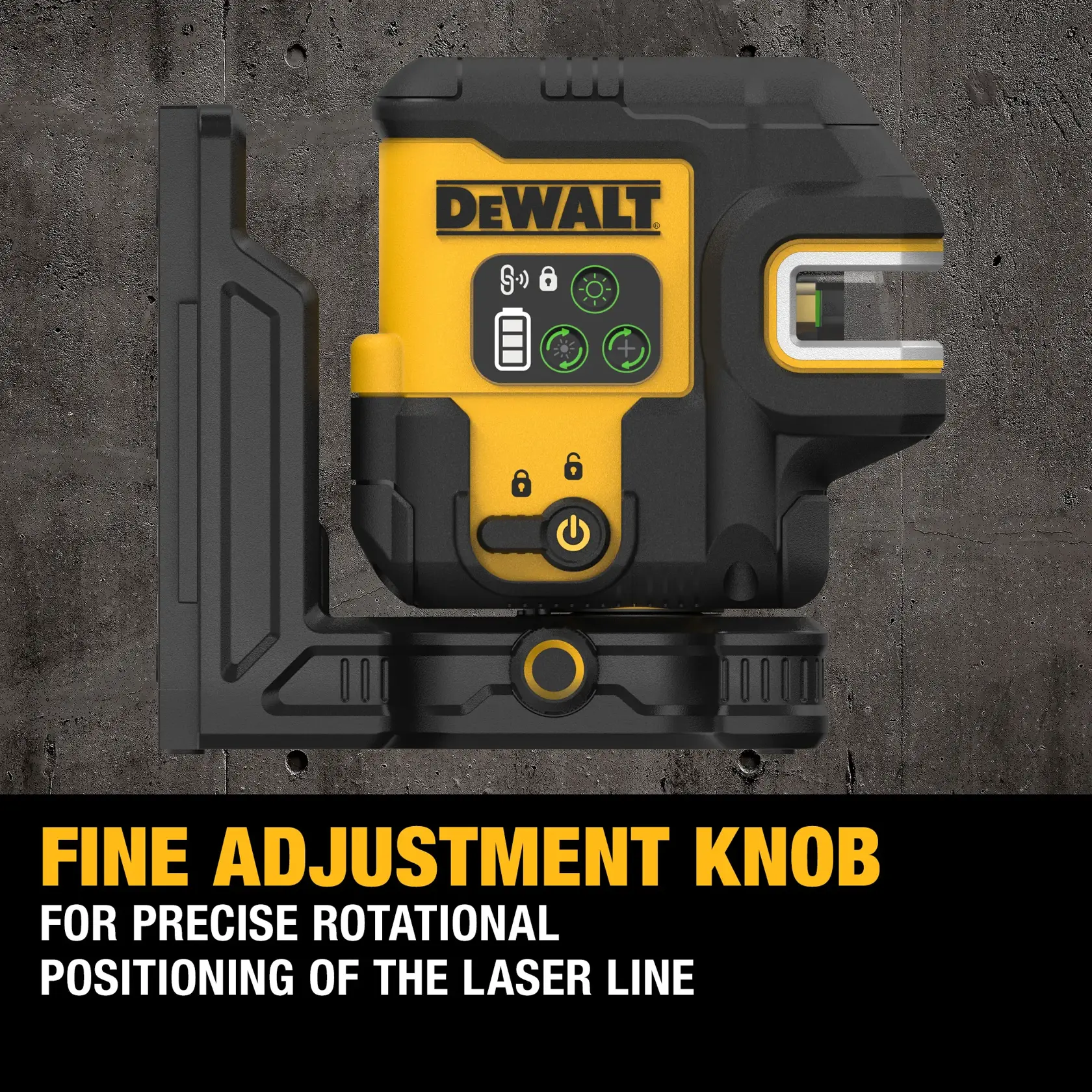 DEWALT laser level with fine adjustment knob for accurate laser line positioning on a wall.