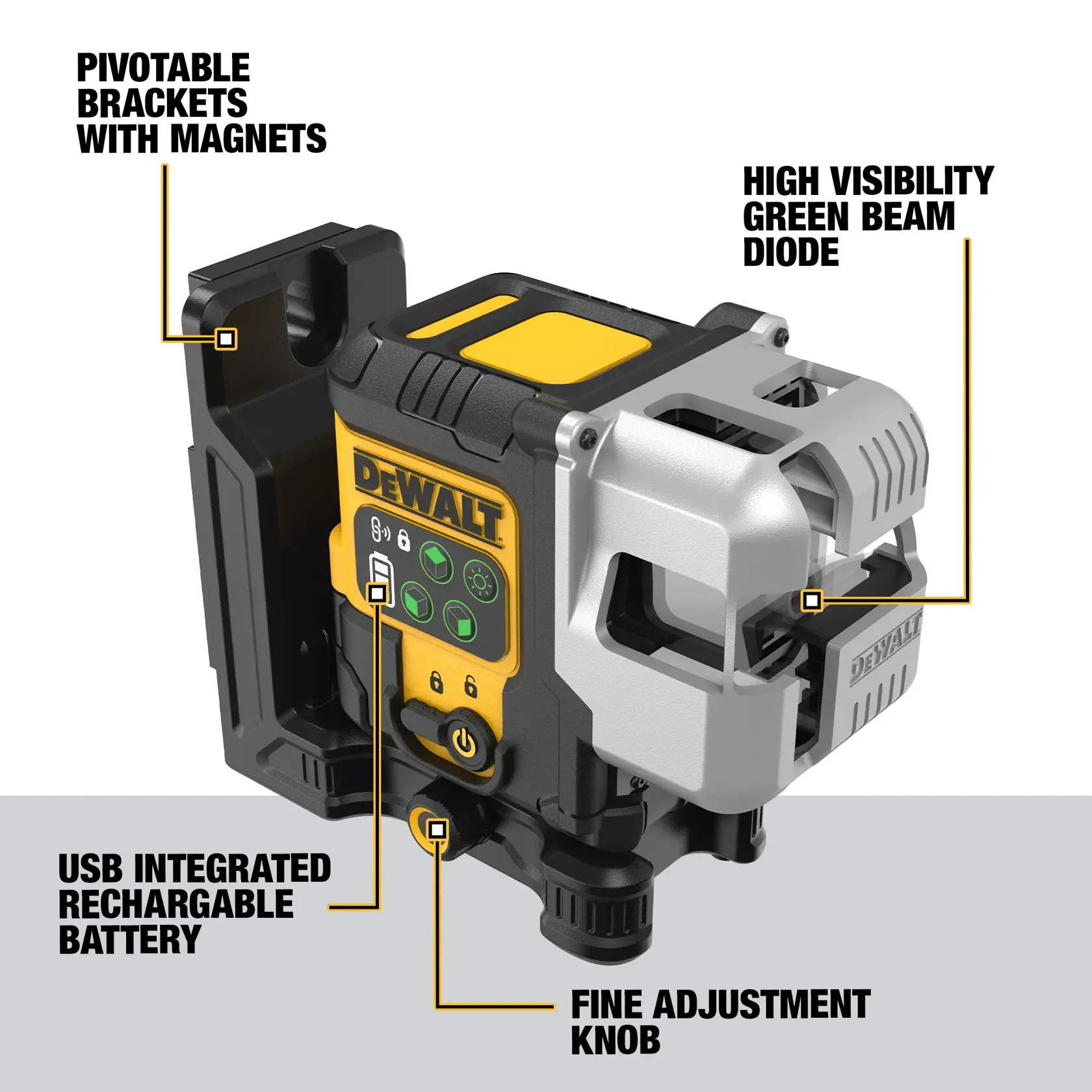 DEWALT laser level projecting a green line, used by a worker for wall alignment on a construction site.