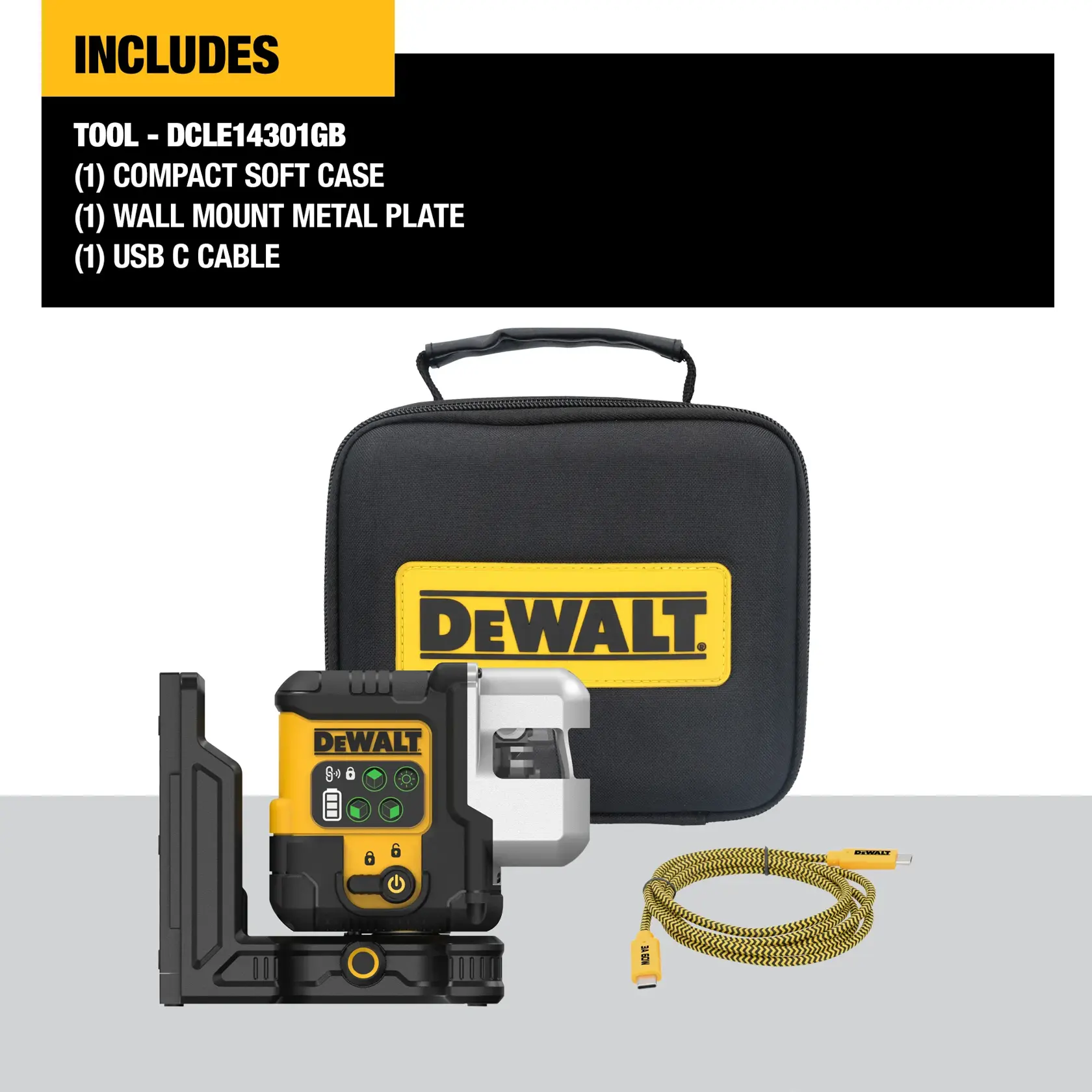 DEWALT laser level on tripod projects green line in construction site, worker marks wall alignment.