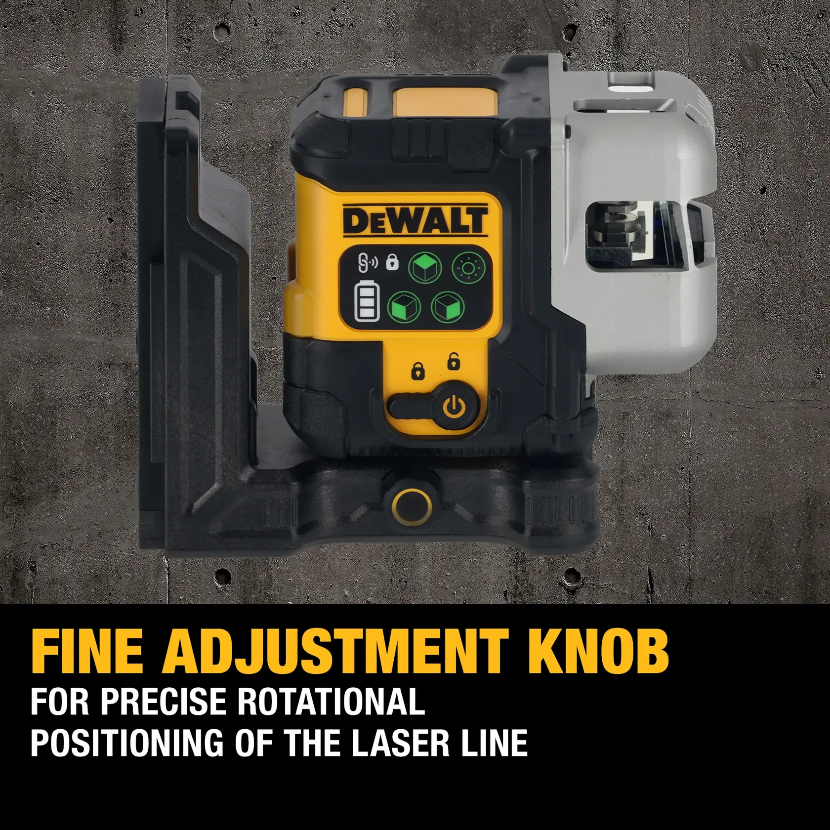 Worker uses a DEWALT green laser level for alignment in a building under construction.