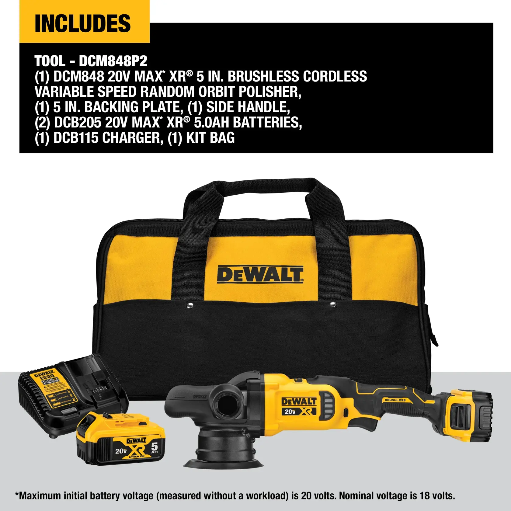 Person uses DEWALT cordless polisher DCM848P2 to polish a car in a workshop. Face is blurred for privacy.