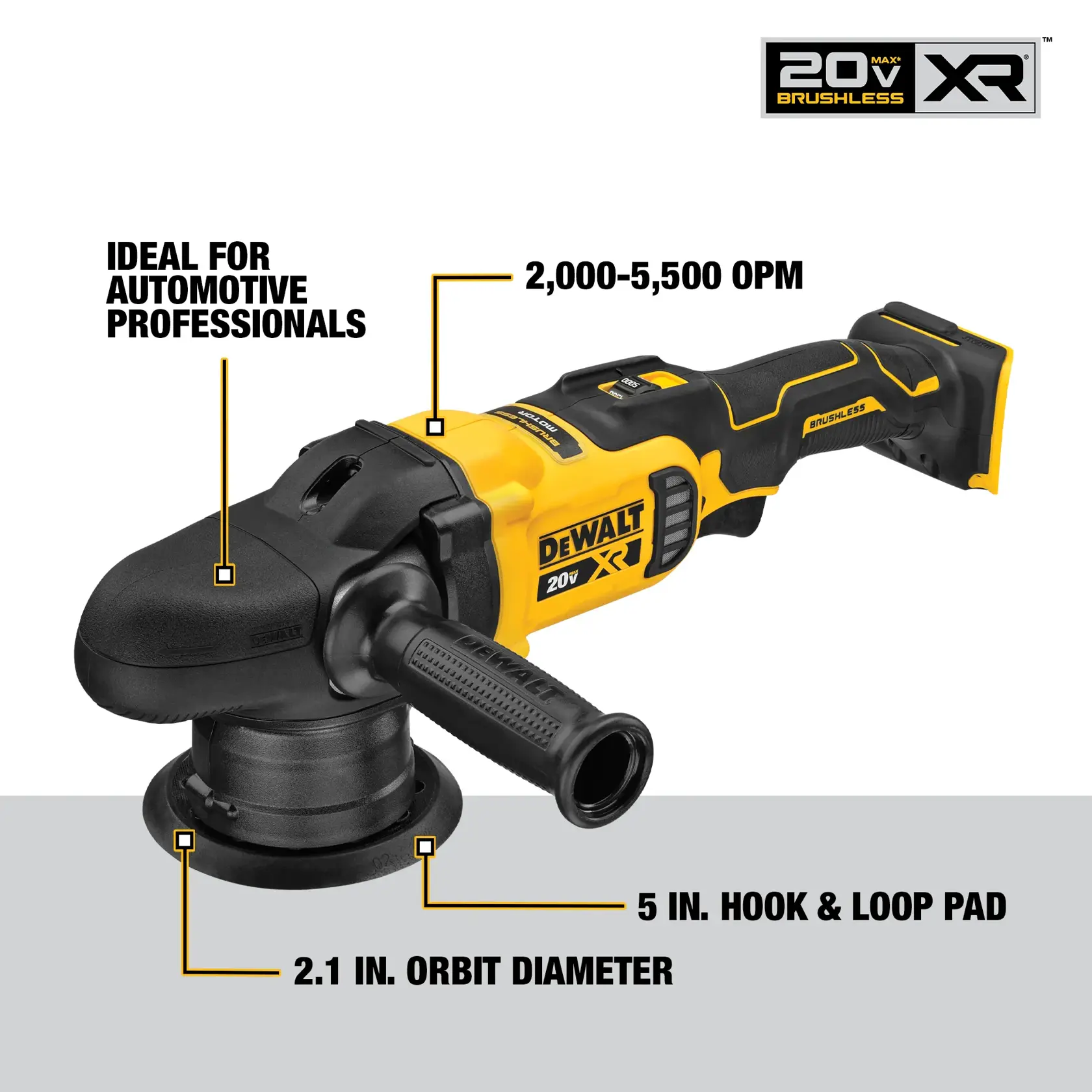 Kit polisseuse sans fil DEWALT avec sac, batterie, chargeur et outil. Design jaune et noir.