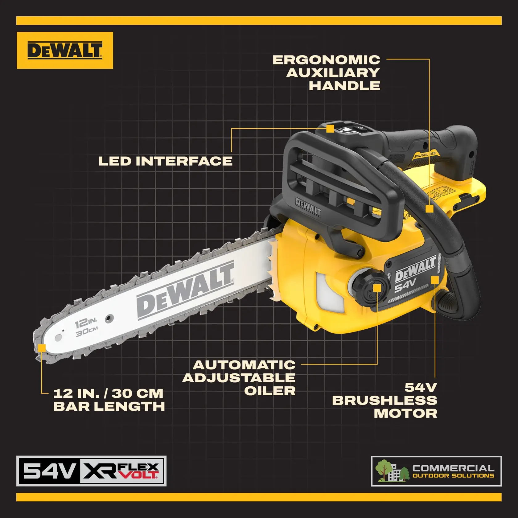DEWALT chainsaw DCMCST632X1, DCMCST632X1-QW with 54V motor, 12" bar, LED interface, adjustable oiler, ergonomic handle.