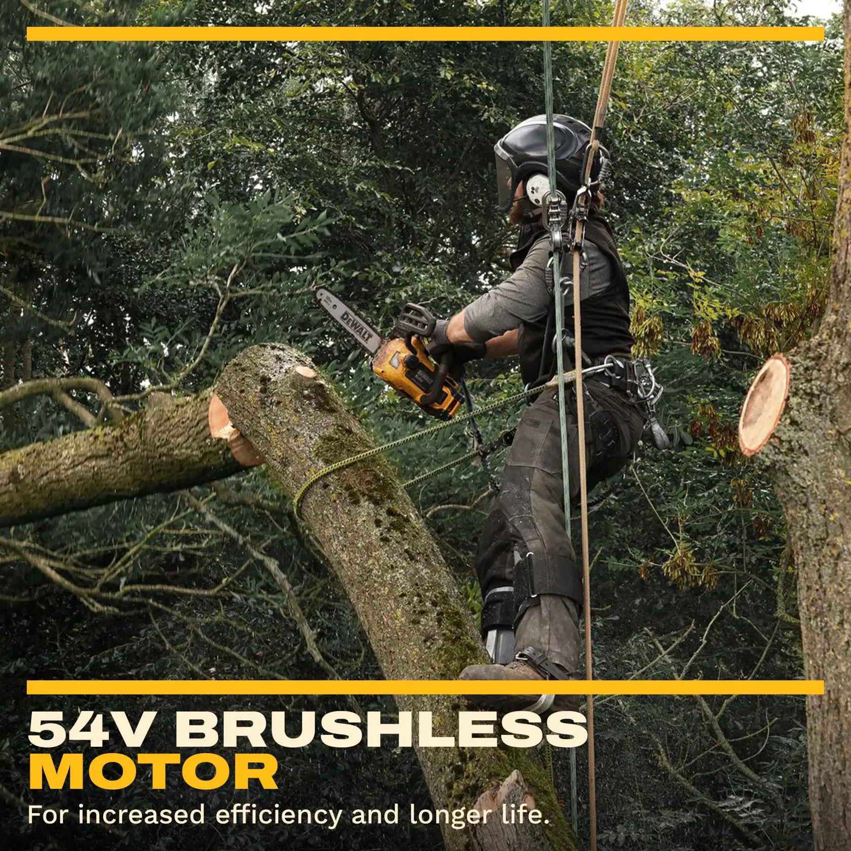 DEWALT chainsaw used outdoors. 54V brushless motor. SKUs: DCMCST632X1, DCMCST632X1-QW.