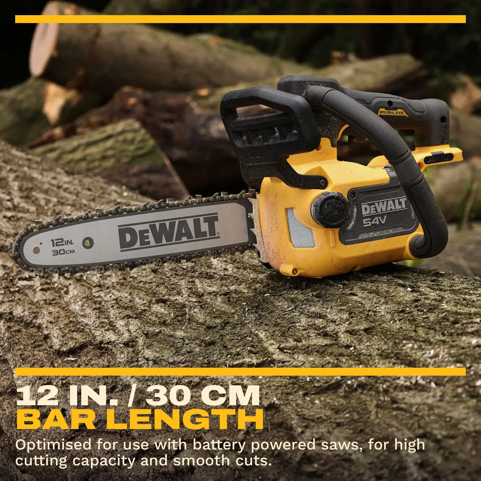 DEWALT chainsaw with 12in/30cm bar, SKUs DCMCST632X1 and DCMCST632X1-QW, on log outdoors.