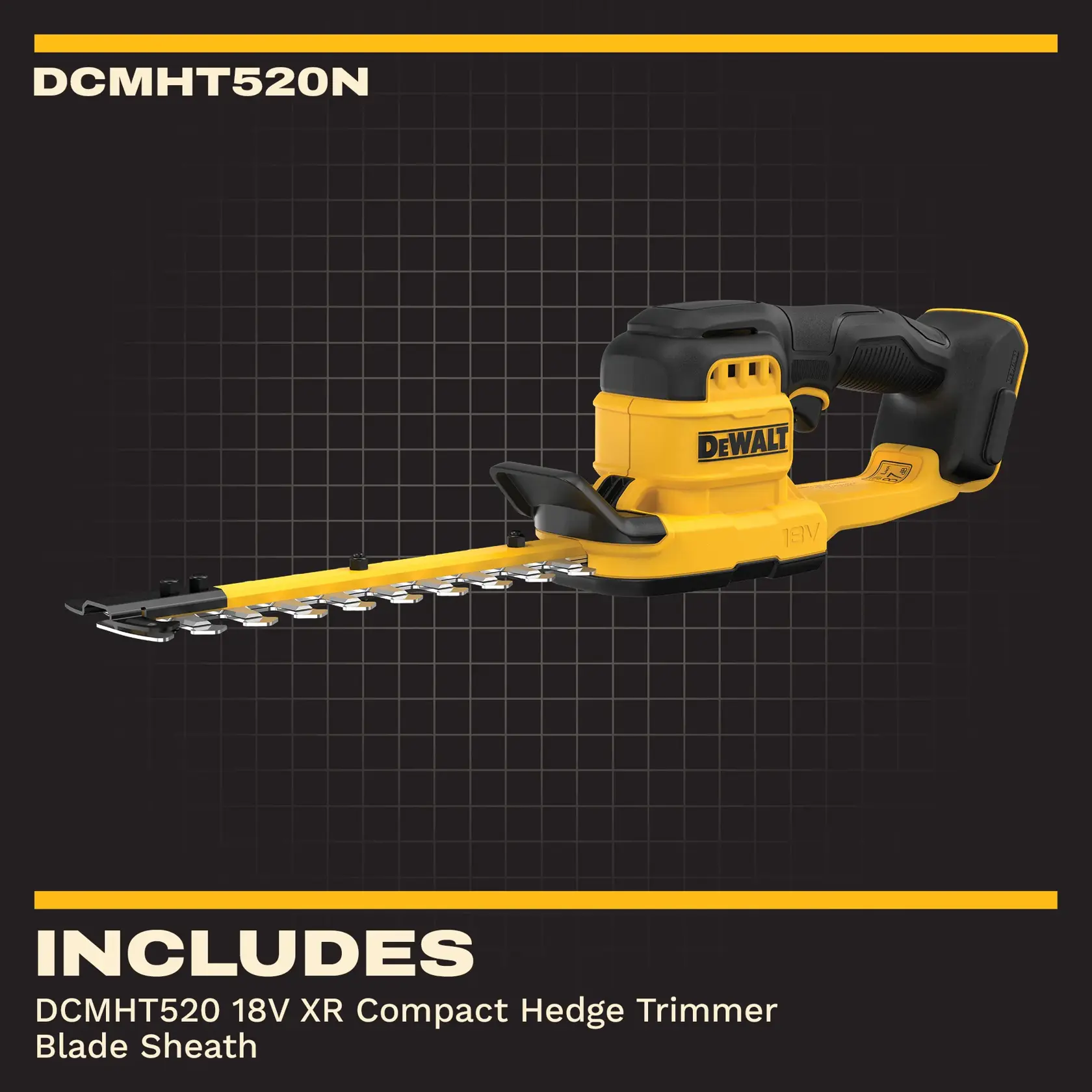 Cortasetos DEWALT en uso al aire libre. SKUs: DCMHT520N-XJ, DCMHT520D1-QW, DCMHT520D1, DCMHT520N.
