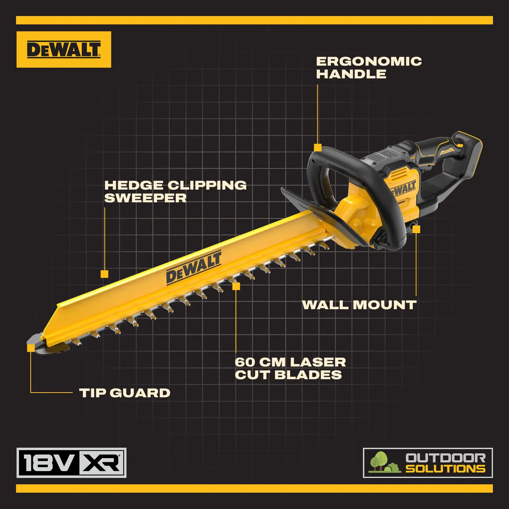 Cortasetos DEWALT usado al aire libre. SKUs mostrados: DCMHT567N, DCMHT567P1-QW, DCMHT567N-XJ, DCMHT567P1.