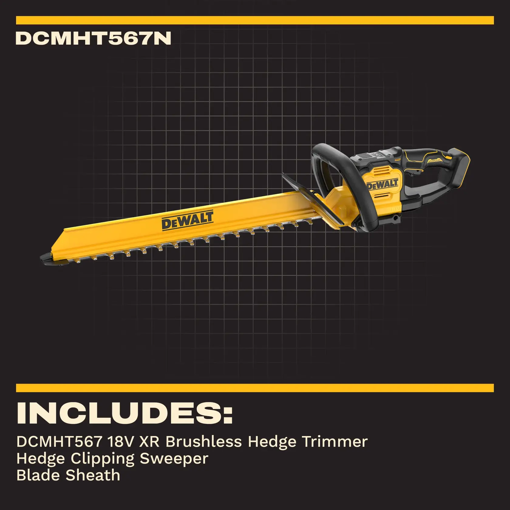 Cortasetos DEWALT en uso. SKUs: DCMHT567N, DCMHT567P1-QW, DCMHT567N-XJ, DCMHT567P1. Categoría fotografía.