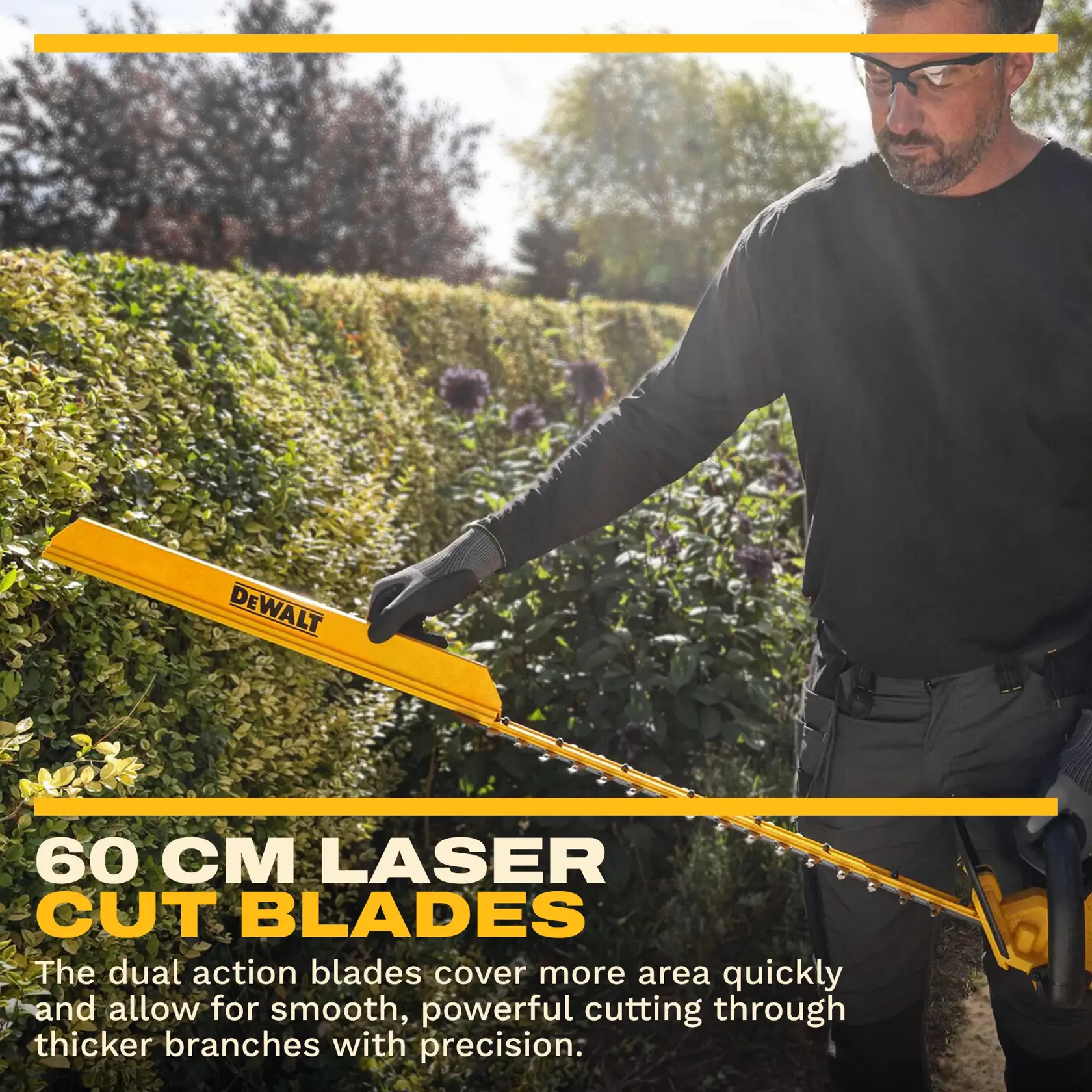 Cortasetos DEWALT usado afuera. SKUs: DCMHT567N, DCMHT567P1-QW, DCMHT567N-XJ, DCMHT567P1.