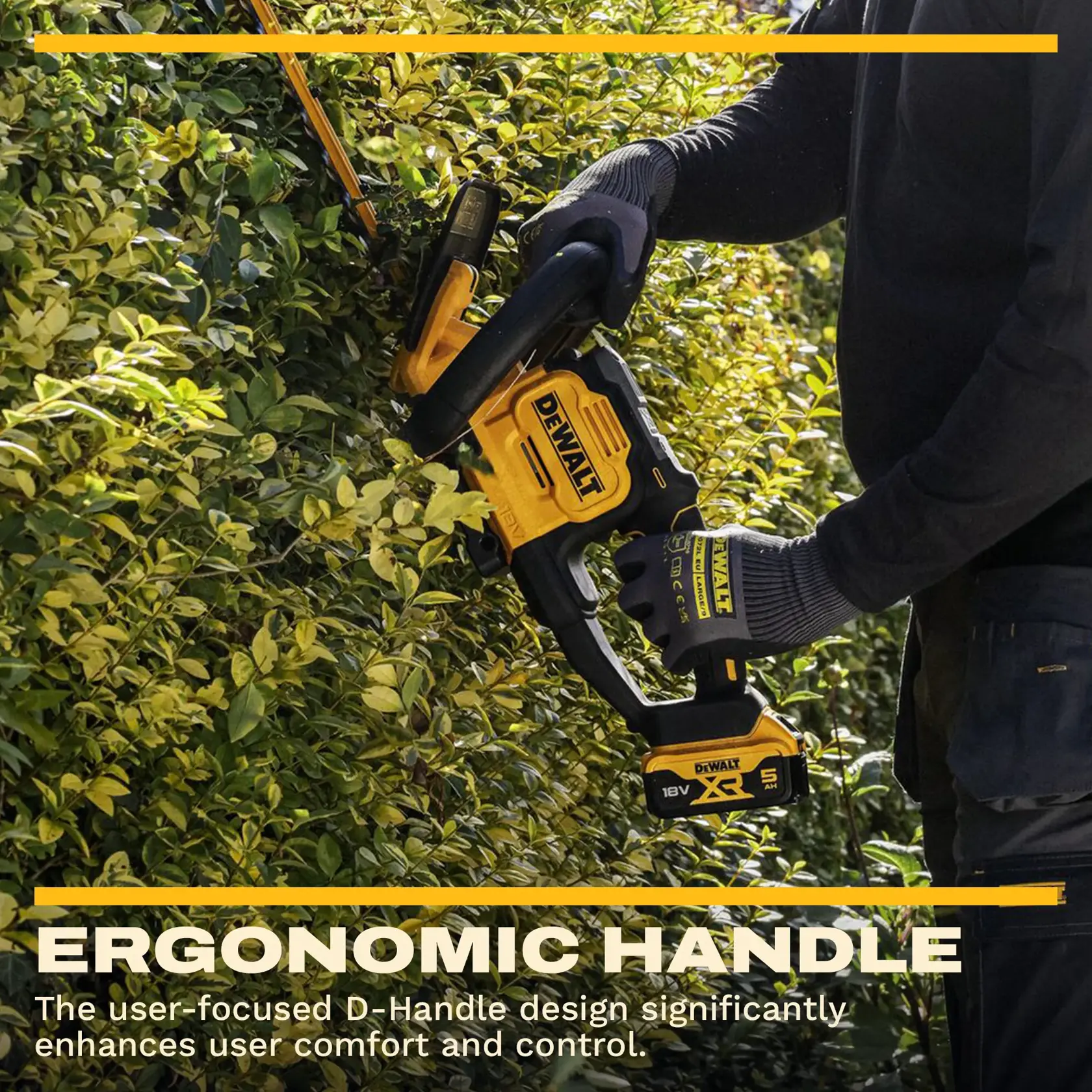 Cortasetos DEWALT recortando arbusto. SKUs: DCMHT567N, DCMHT567P1-QW, DCMHT567N-XJ, DCMHT567P1. Foto.