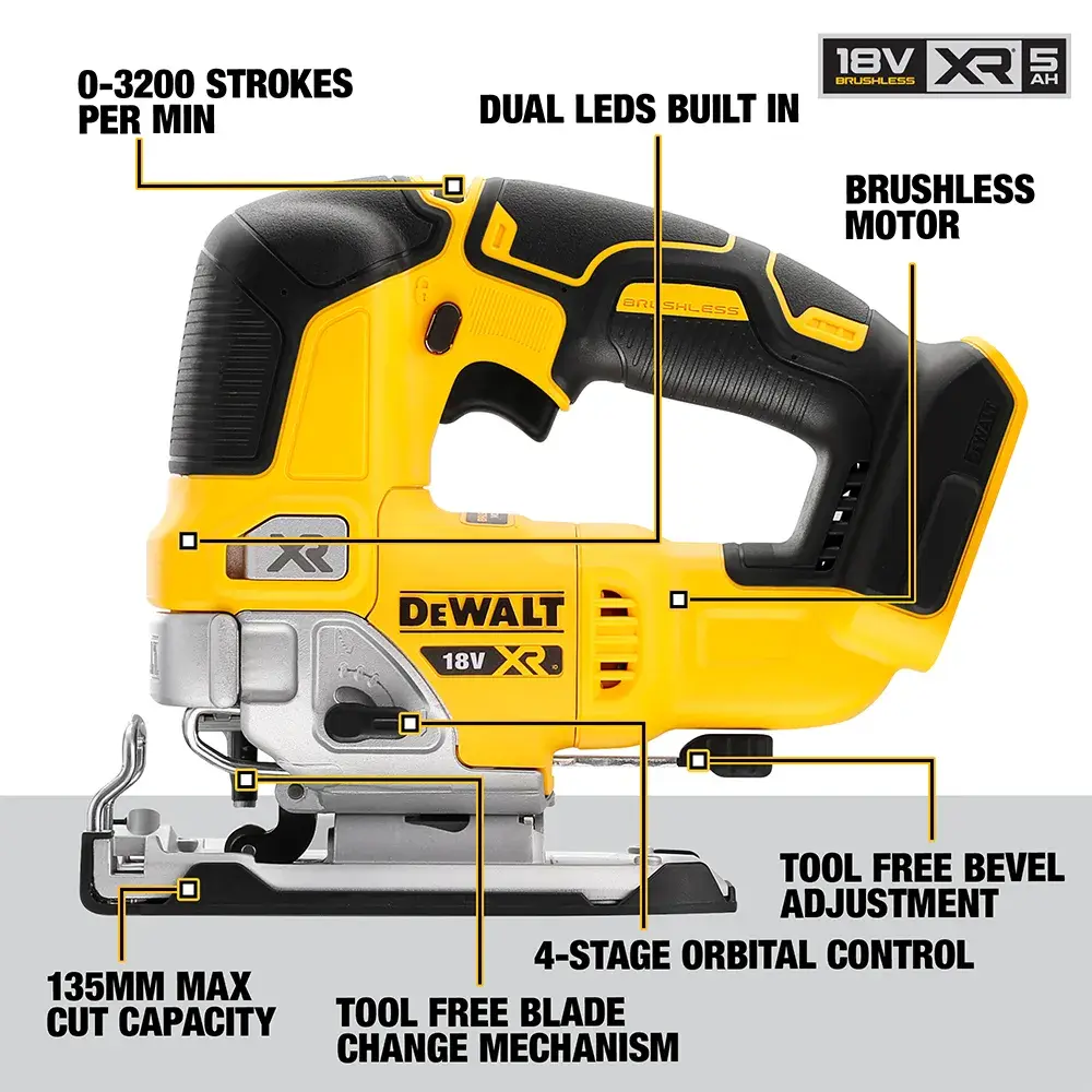 DeWalt DCS334NT 18V XR jigsaw with brushless motor, LED lights, and adjustable orbital settings shown.