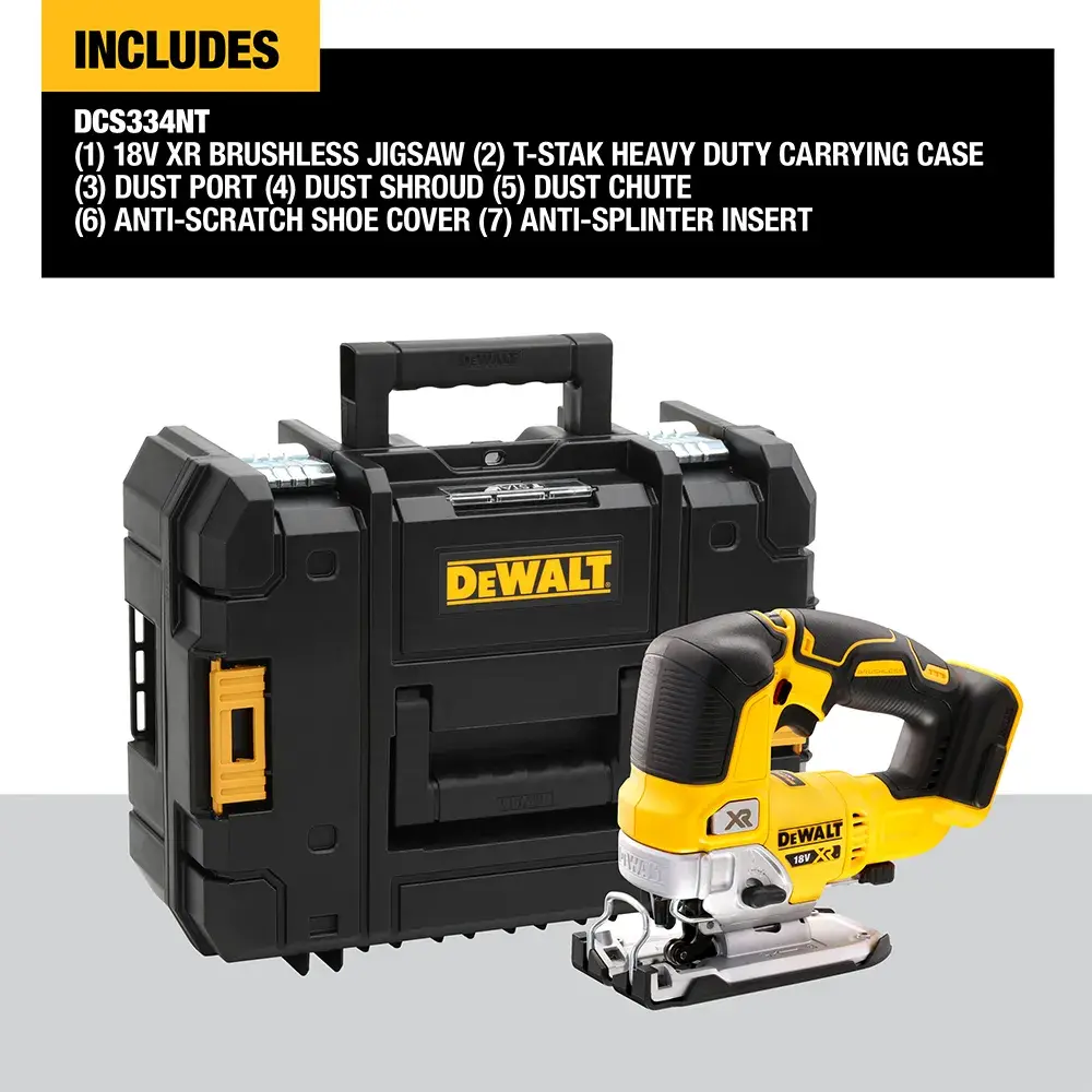 DEWALT DCS334NT cordless jigsaw with black T-STAK case and kit accessories shown together.