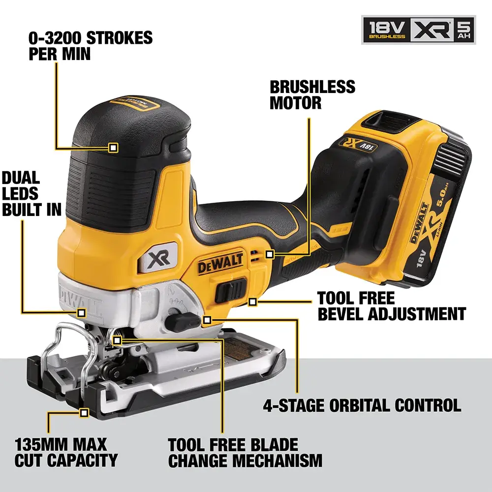 Worker uses DEWALT DCS335P2 jigsaw to cut wood at a construction site, wearing safety gear and a yellow hard hat.