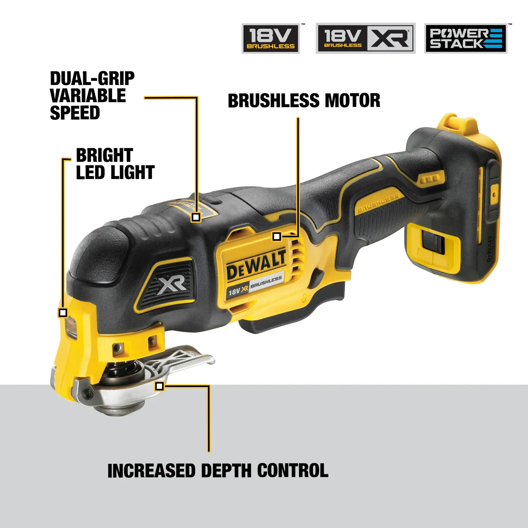 DEWALT 18V XR Brushless PowerStack oscillating tool, featuring a dual-grip variable speed trigger, bright LED lamp, brushless motor, and optimal work depth control. The product is shown with highlighted features and branding.