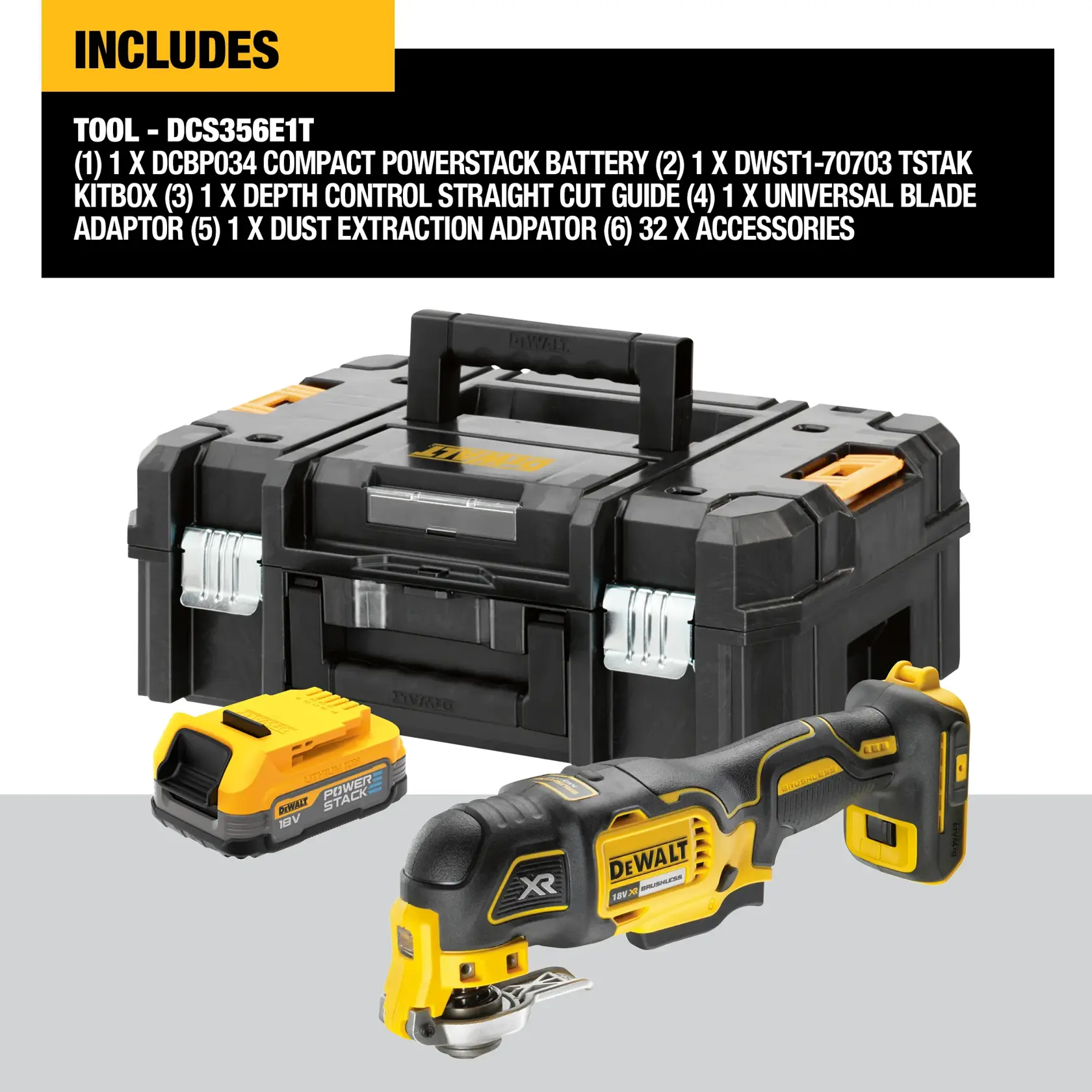 DEWALT DCS356E1T oscillating multi-tool set including the tool, a compact 18V Powerstack battery, and a black TSTAK carrying case with yellow accents. The set is presented with the battery, tool, and case displayed side by side.