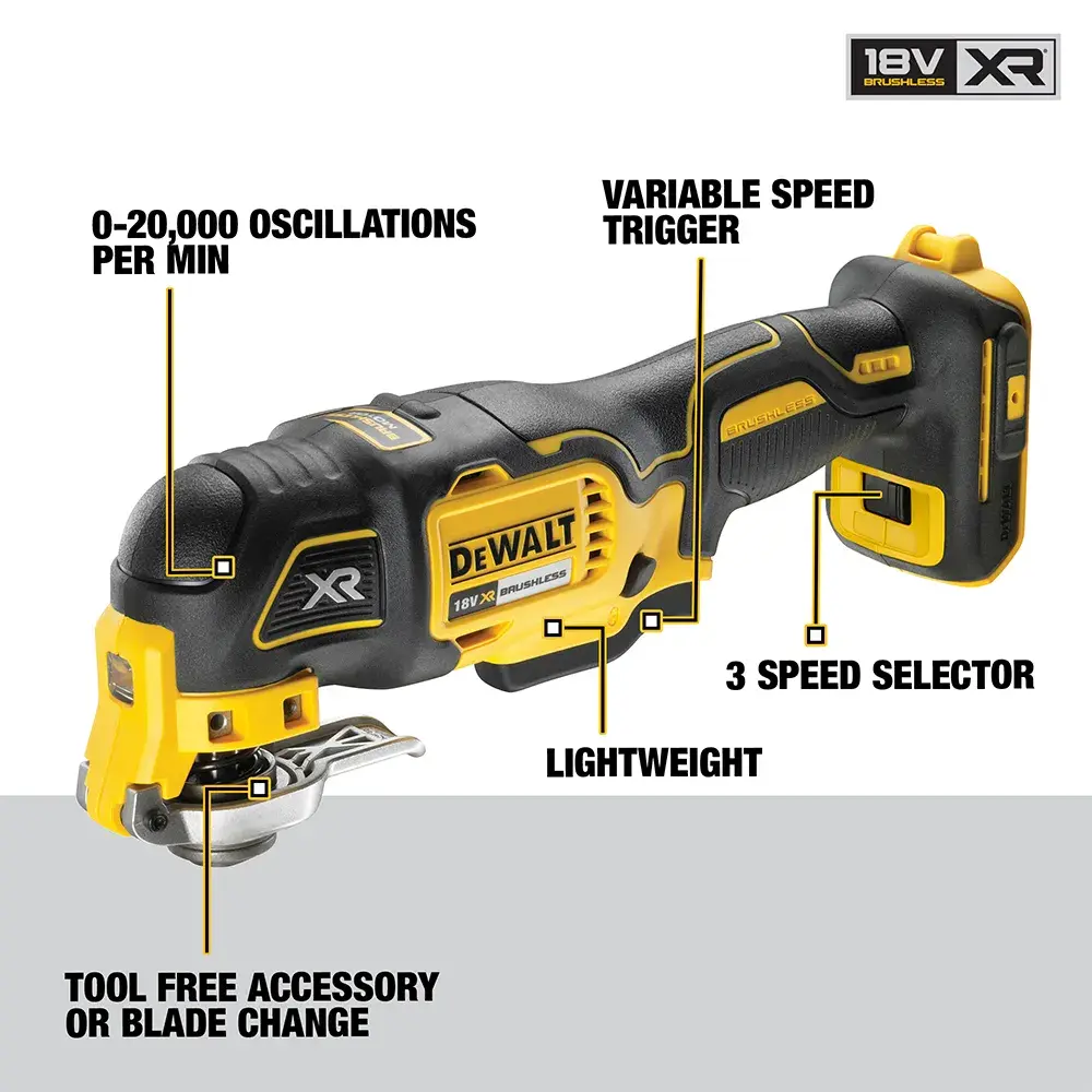 Worker uses a DEWALT DCS356NT cordless tool on a construction site, wearing gloves and a safety helmet.