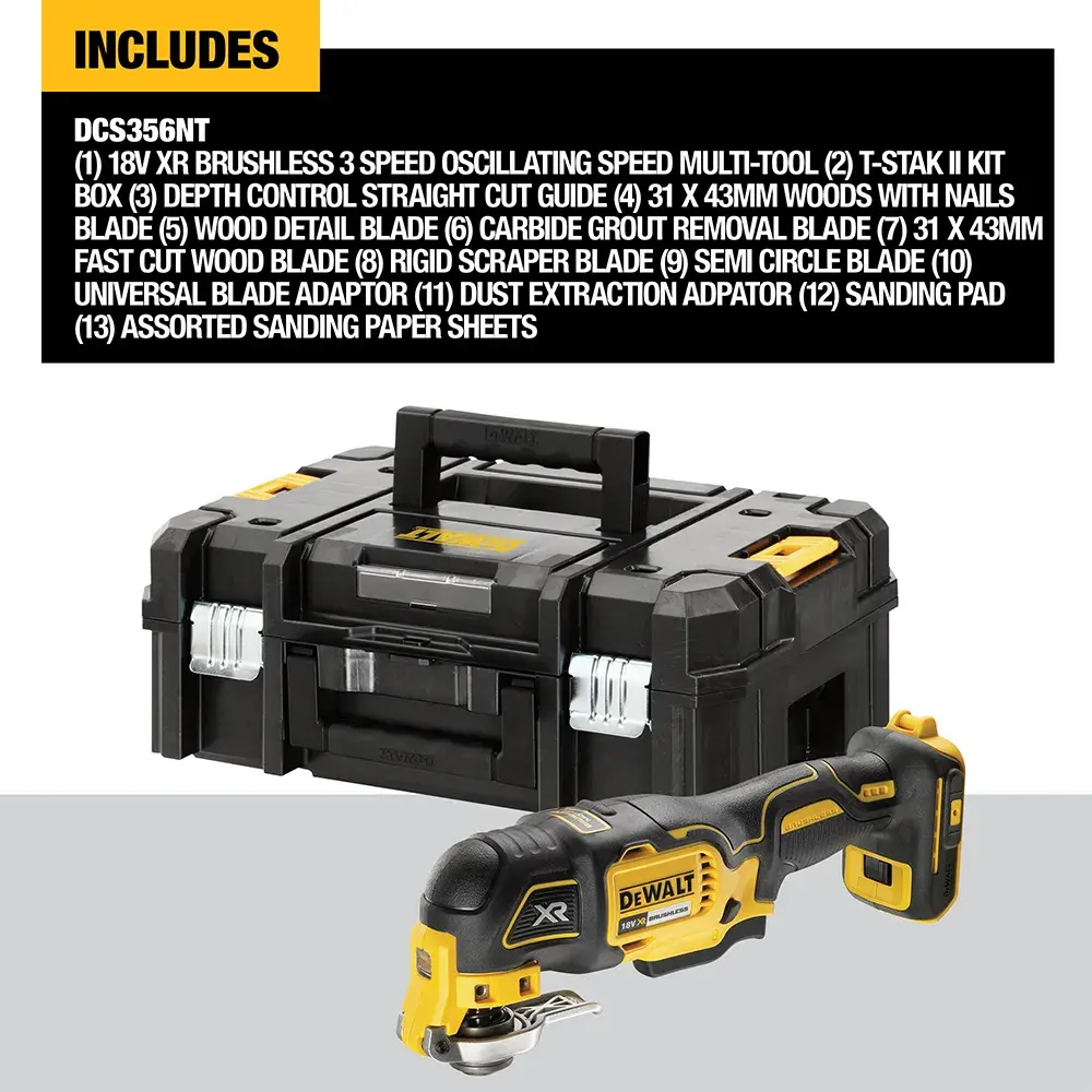 Worker uses DEWALT DCS356NT cordless tool on wall in industrial setting, wearing safety gear and gloves.